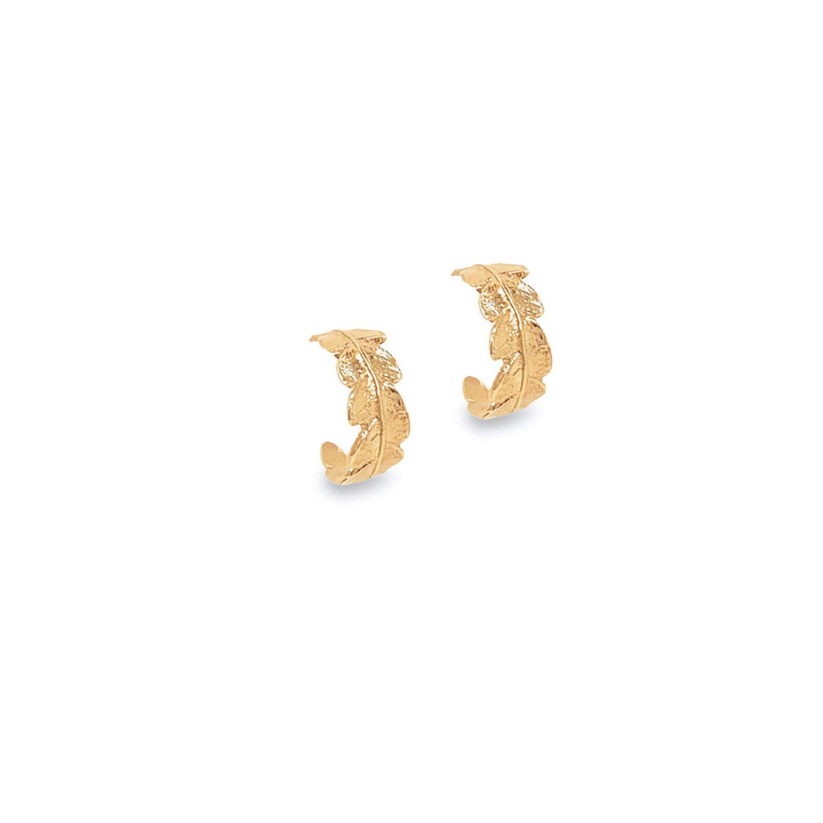 Gold mini crown fern hoop earrings showcasing intricate fern detailing and elegant design.