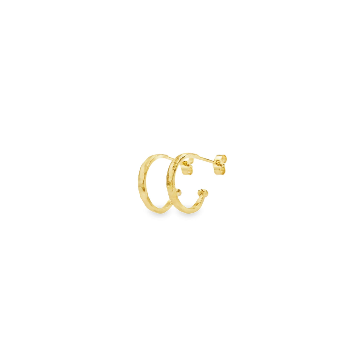Gold mini hammered hoop earrings with a unique textured design, perfect for stacking and personalizing your style.