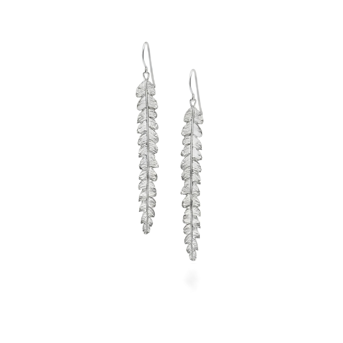 Silver Long Fern Earrings featuring intricate botanical design and delicate leaves, perfect for adding natural elegance.