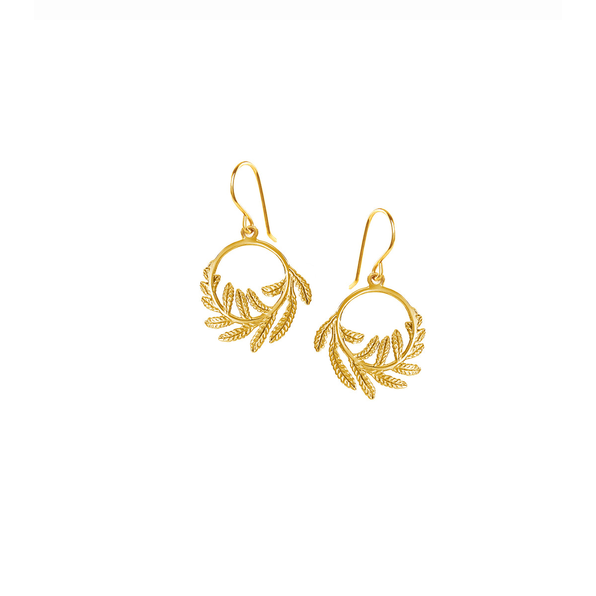 Gold Wee Fern Hoop Earrings featuring intricate leaf design in 18ct gold plated silver.