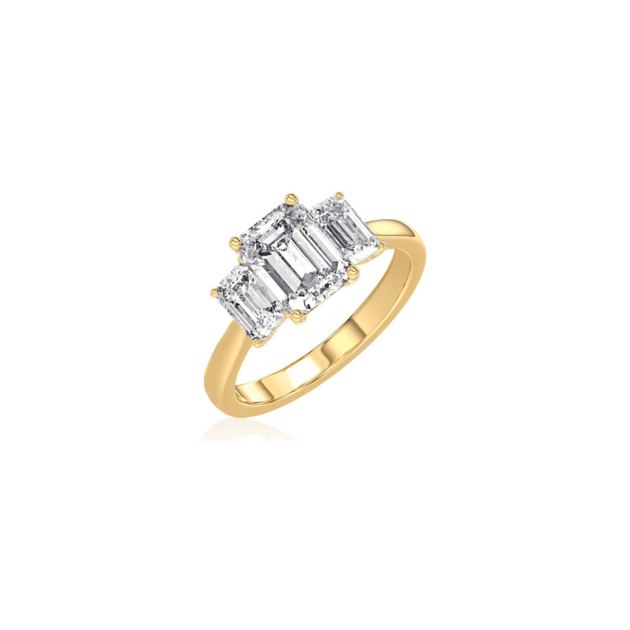 A yellow gold ring featuring a three-stone emerald-cut diamond setting, shown on a clean white background.