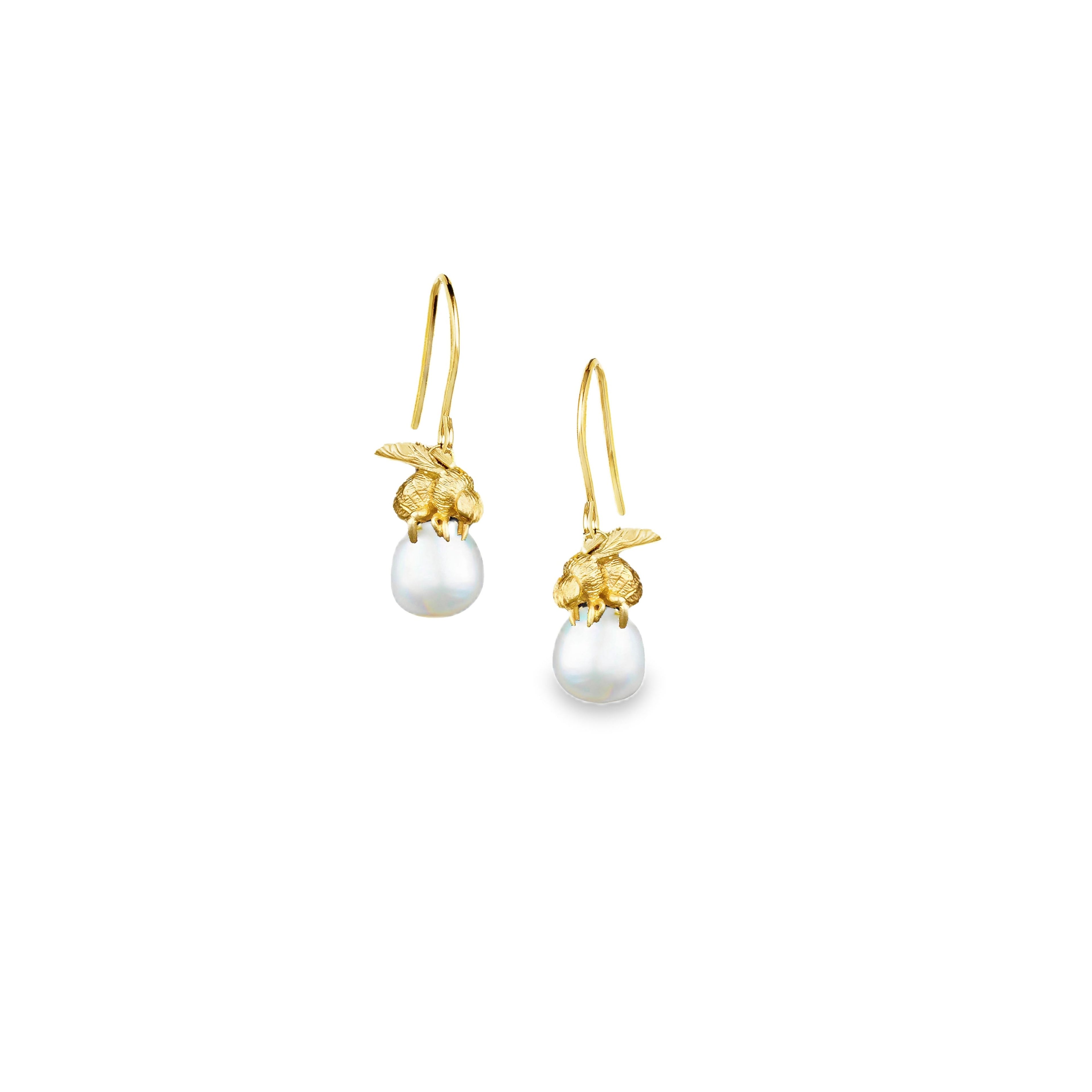 Gold Honeybee and Moonlight Pearl Earrings with baroque pearls and gold vermeil honeybee design.