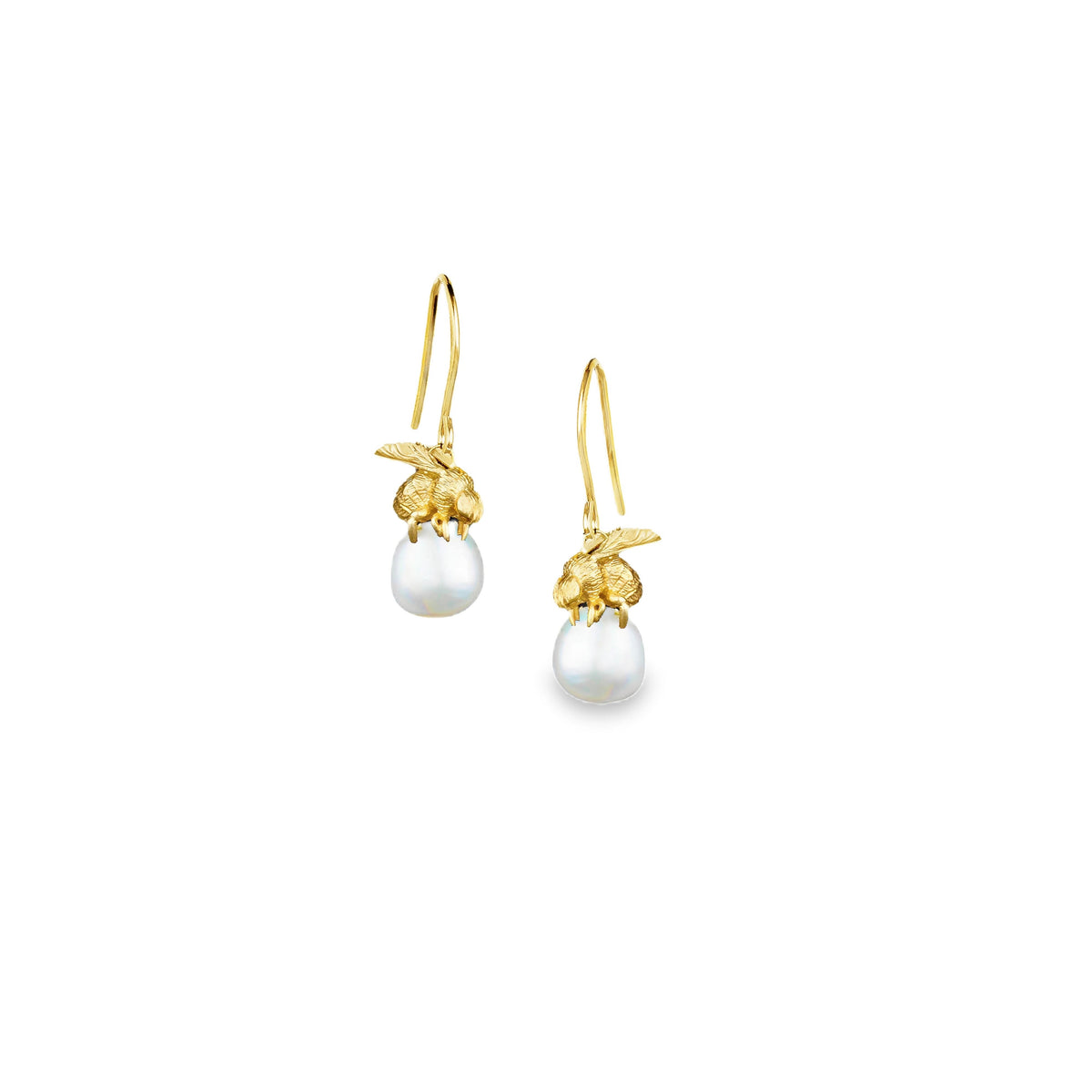 Gold Honeybee and Moonlight Pearl Earrings with baroque pearls and gold vermeil honeybee design.