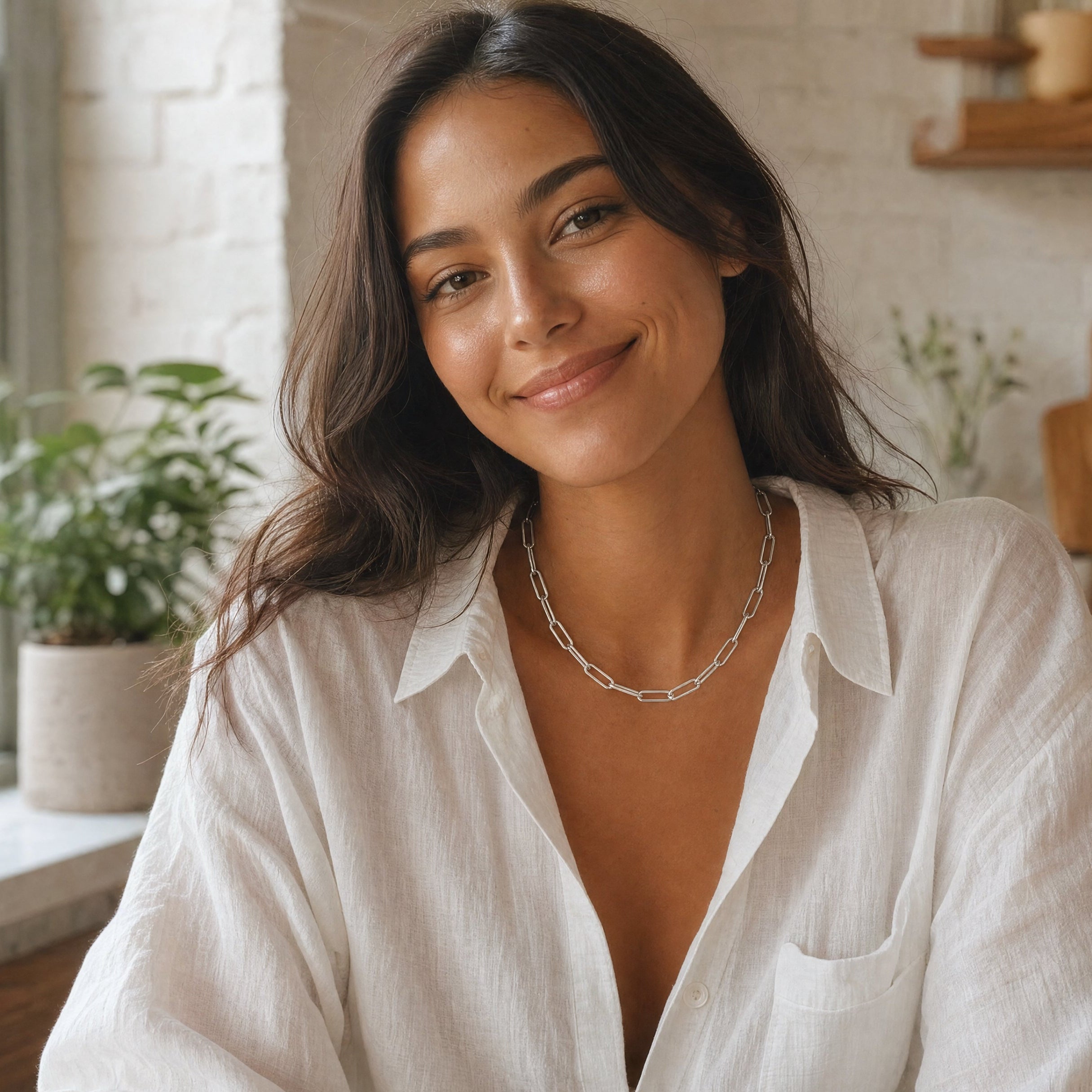 silver together we are stronger paper clip chain necklace worn by a smiling woman in a casual setting.