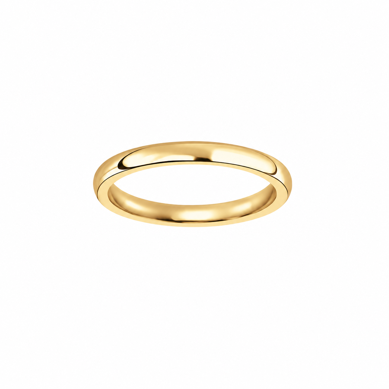 Classic 2 mm width court shaped 9ct gold wedding band ring shown on white background