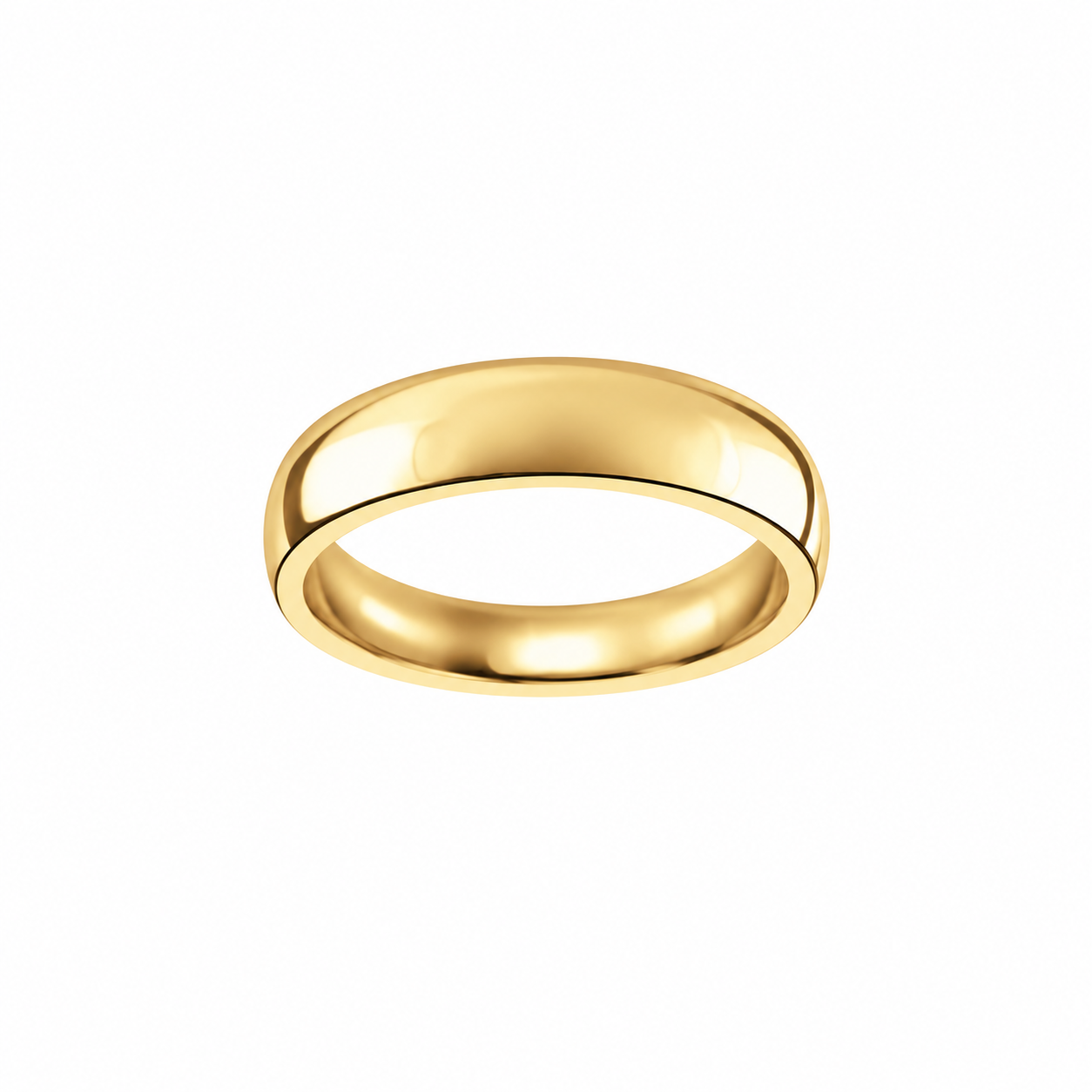 A classic court shaped 9ct yellow gold band wedding ring with a smooth, polished finish, shown against a plain white background.