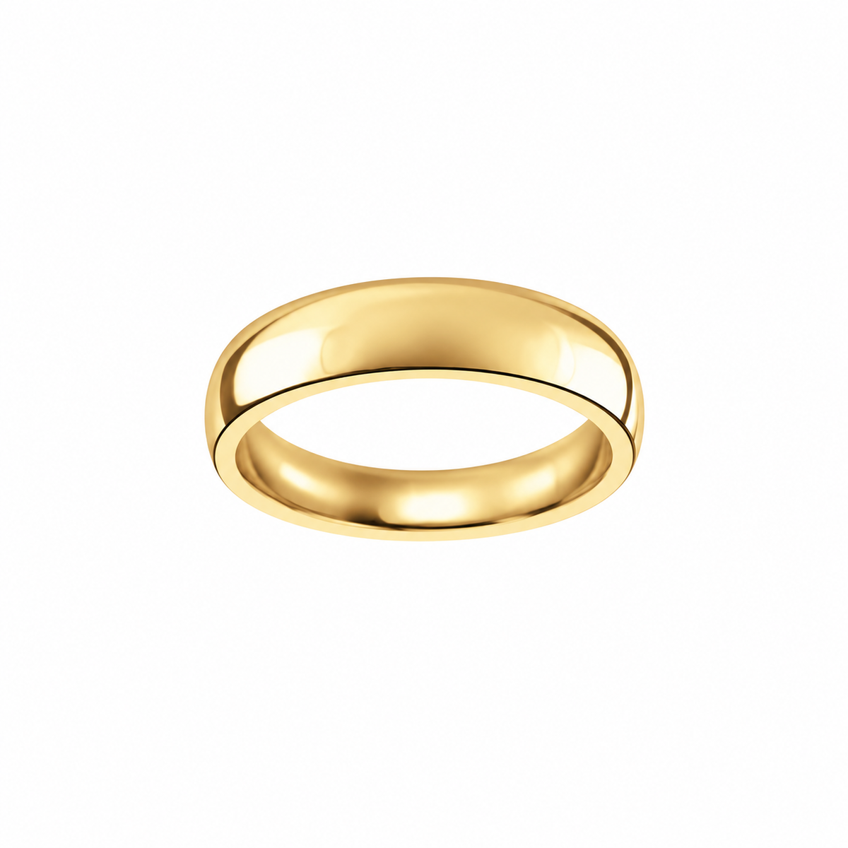 A classic court shaped 9ct yellow gold band wedding ring with a smooth, polished finish, shown against a plain white background.
