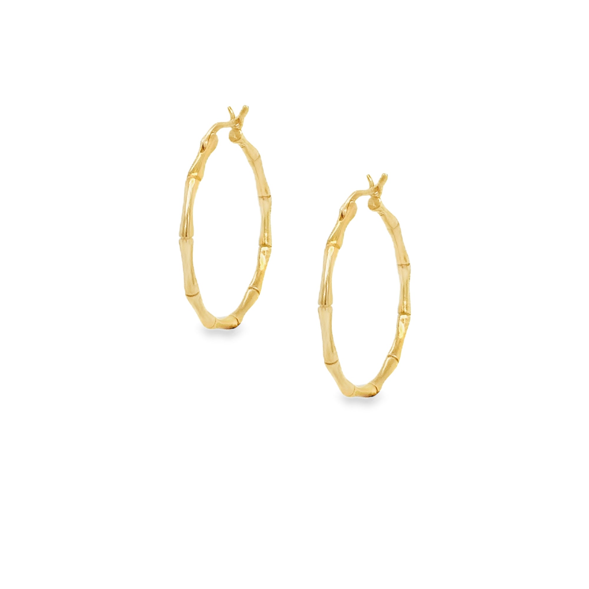Gold bamboo hoop earrings designed in lightweight 18ct gold plated silver, perfect for daily wear and stylish outfits.