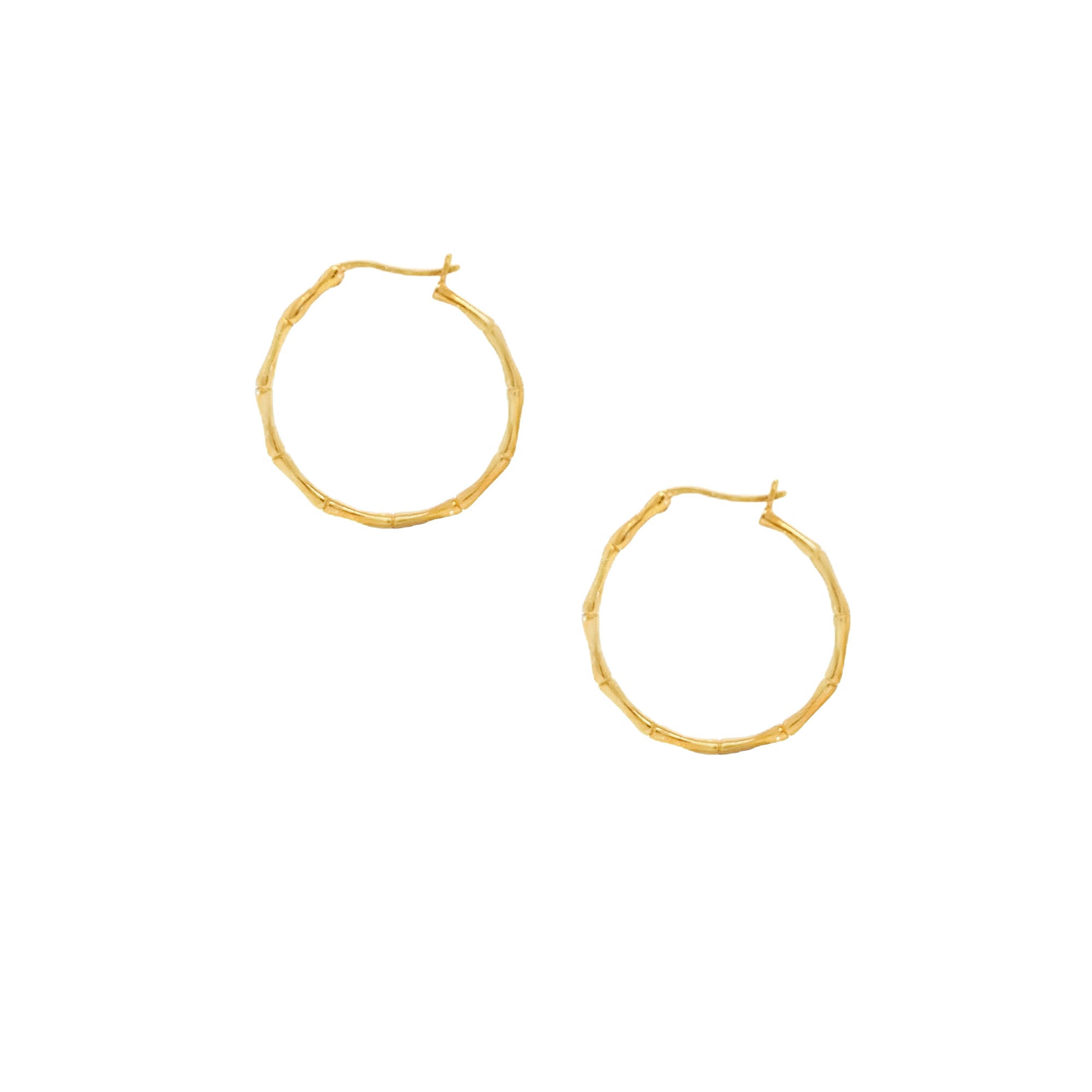 Gold bamboo hoop earrings featuring a 28mm size and 18ct gold plated silver finish for a luxurious look.