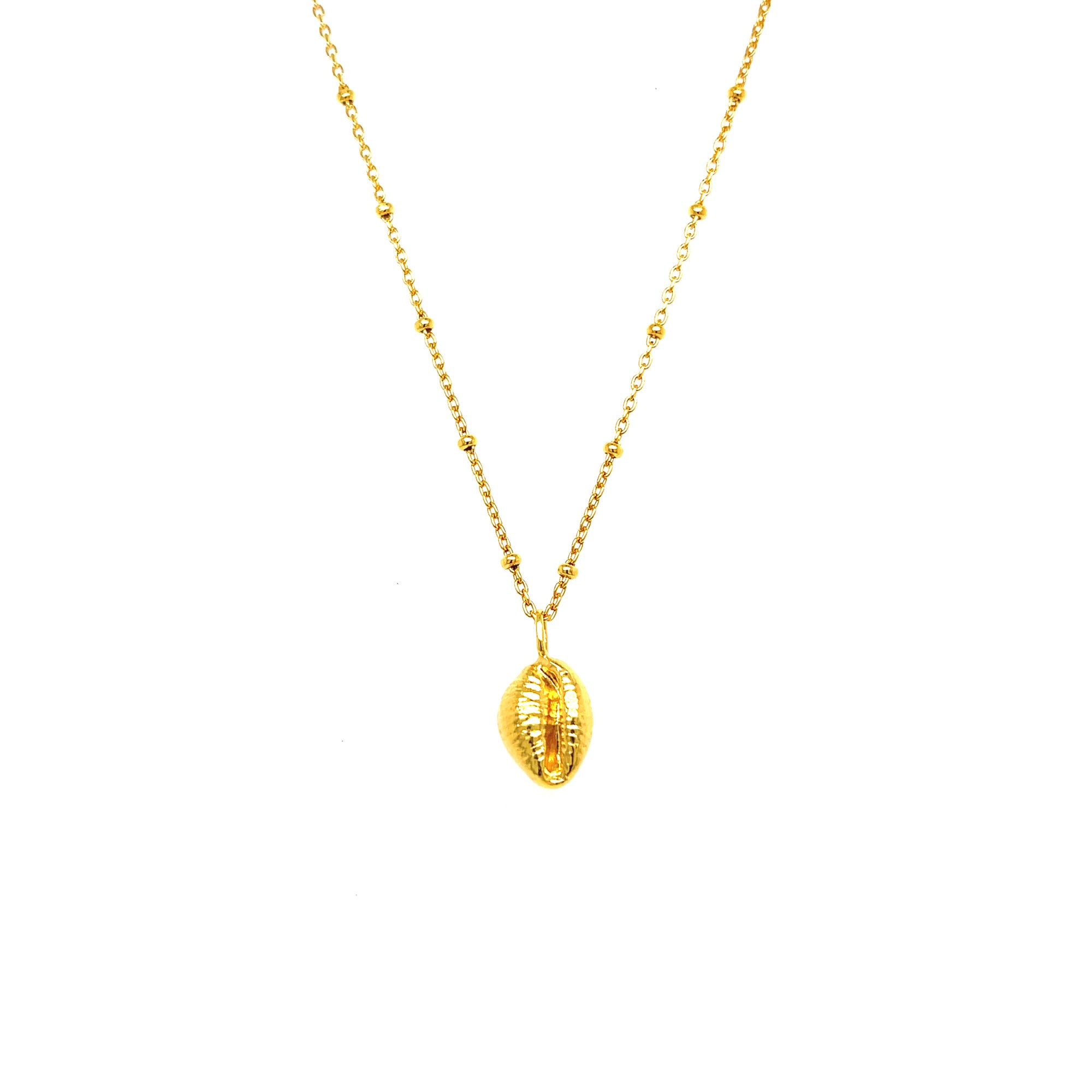 Cowrie shell pendant necklace in vermeil featuring an authentic gold-plated cowrie shell for a unique look.