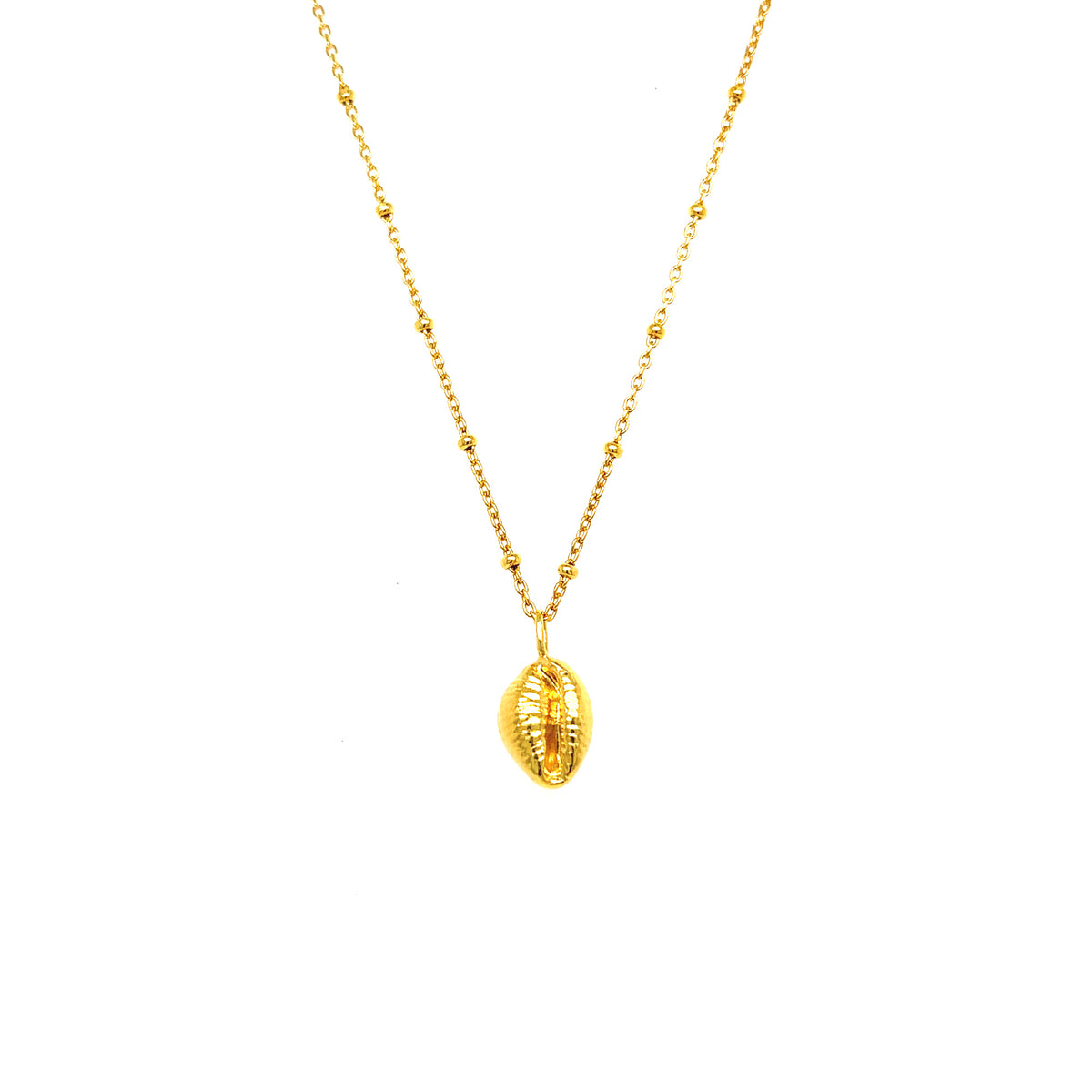 Cowrie shell pendant necklace in vermeil featuring an authentic gold-plated cowrie shell for a unique look.