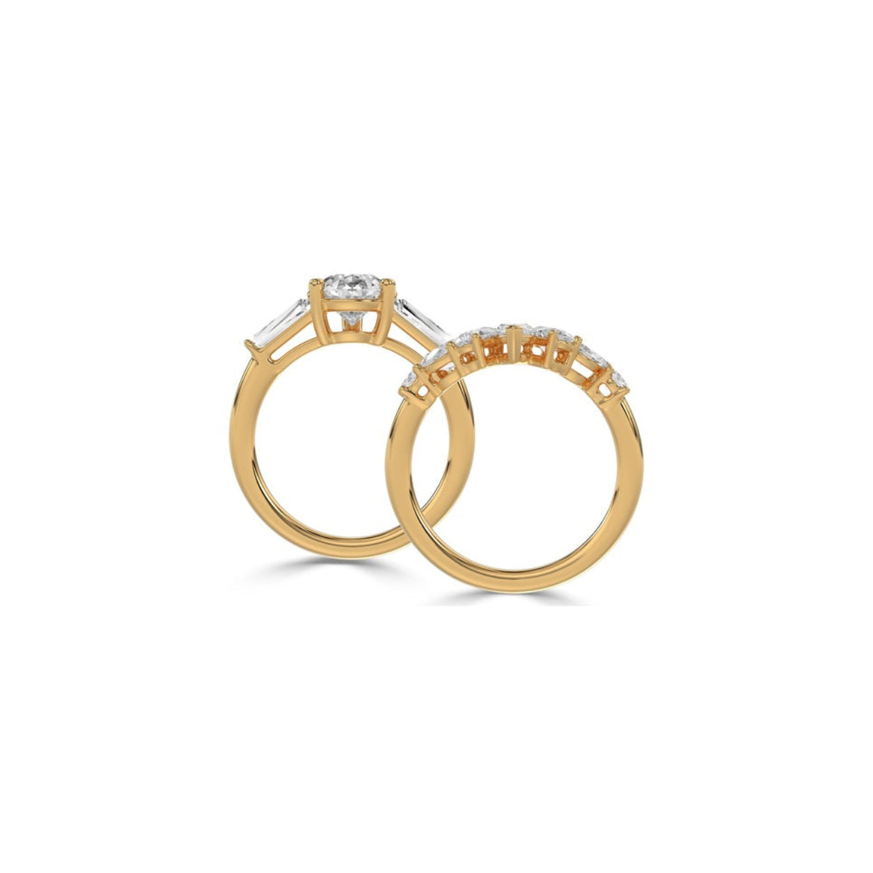 Two gold rings with clear gemstones, one featuring a round center stone and the other a row of small round stones, displayed on a clean white background.