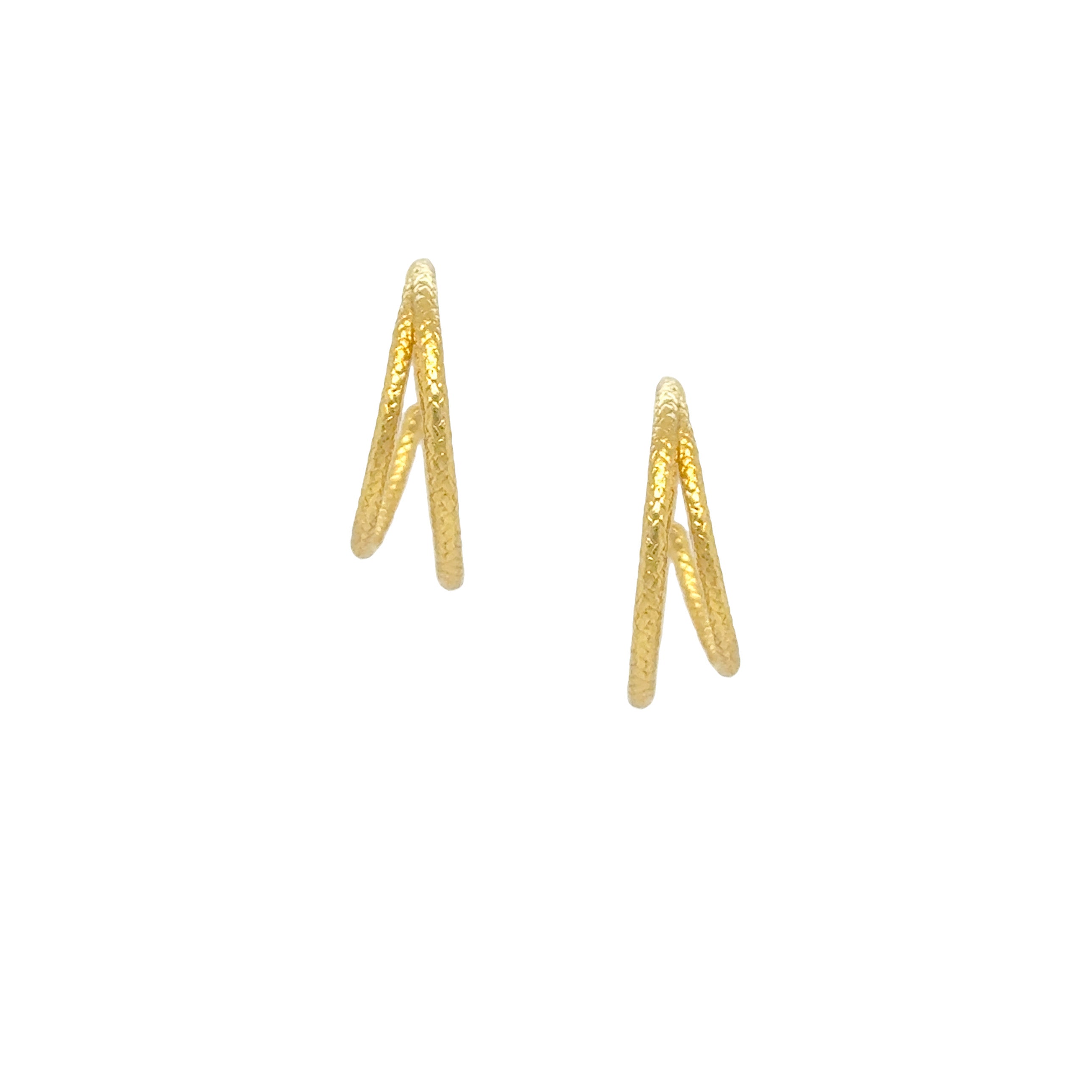 Gold double sun ray hoop earrings showcasing a double hoop design with a textured finish, elegant and contemporary style.