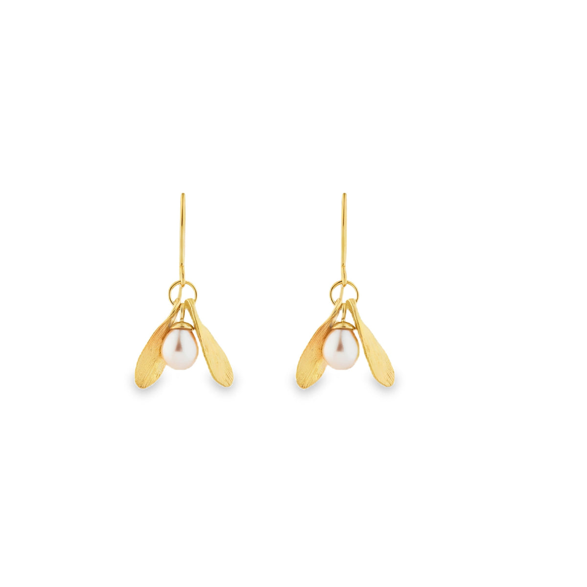 Gold Double Leaf and Pearl Earrings featuring two leaf designs and a pearl drop.