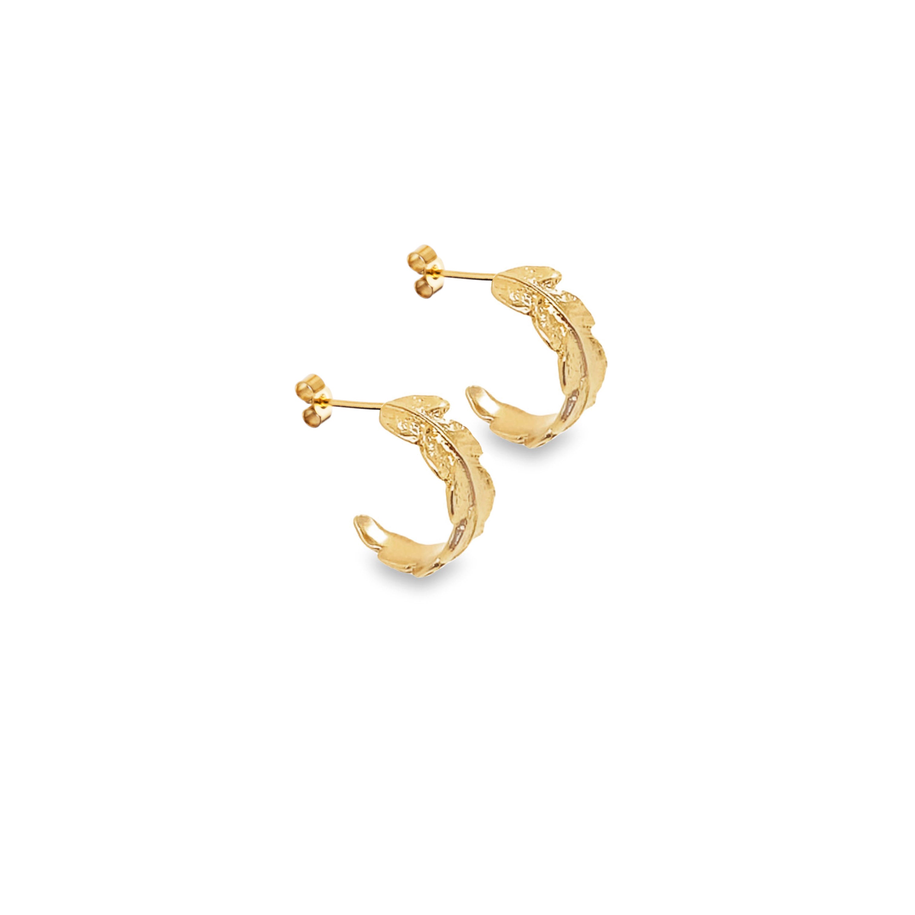 Gold mini crown fern hoop earrings with intricate fern detailing and a stunning design.