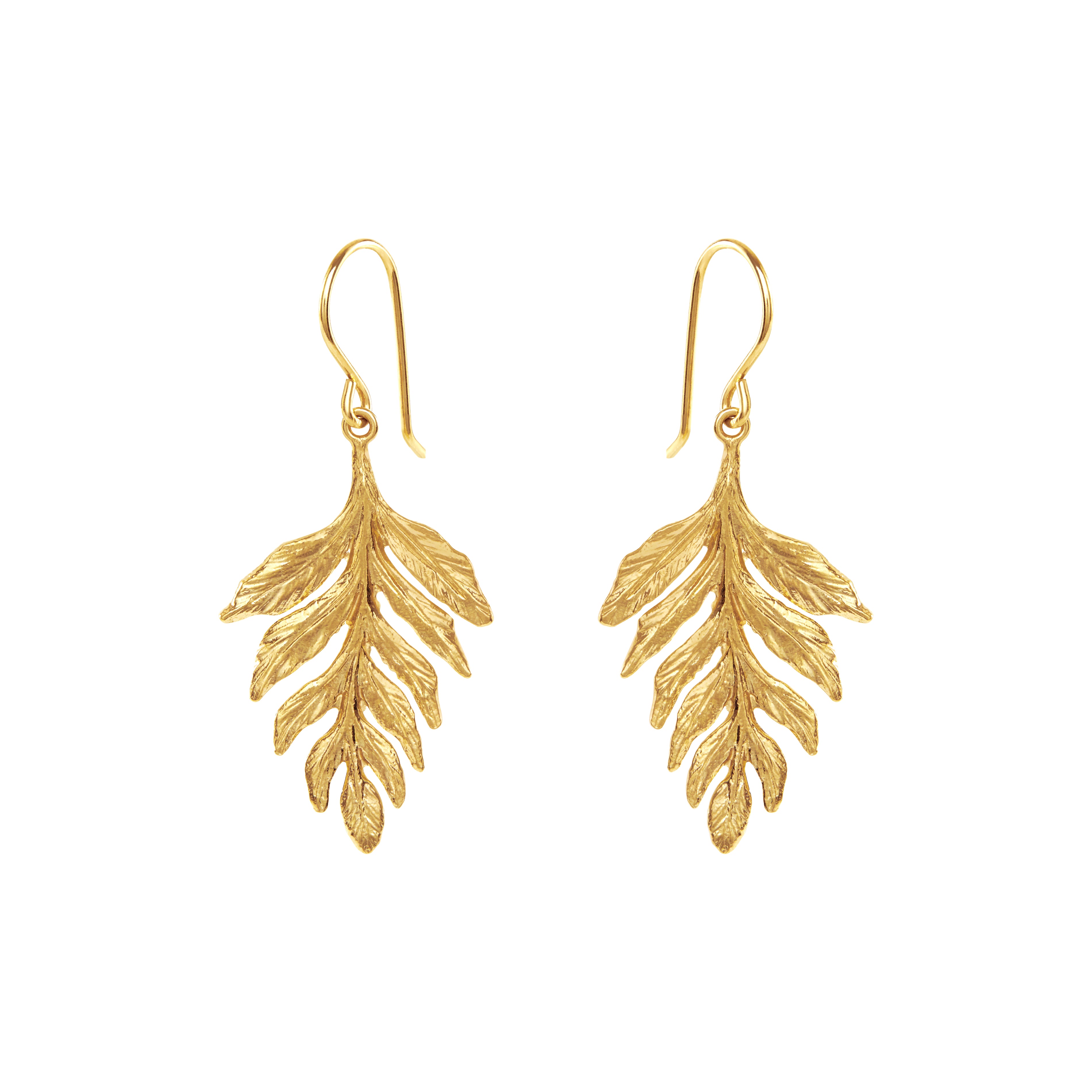 Gold fern drop earrings featuring intricate fern leaf design in 18ct gold plated silver.