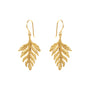 Gold fern drop earrings featuring intricate fern leaf design in 18ct gold plated silver.