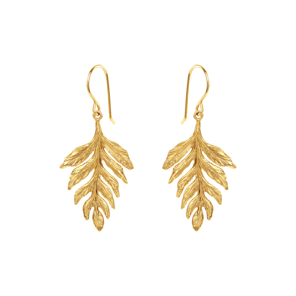 Gold fern drop earrings featuring intricate fern leaf design in 18ct gold plated silver.