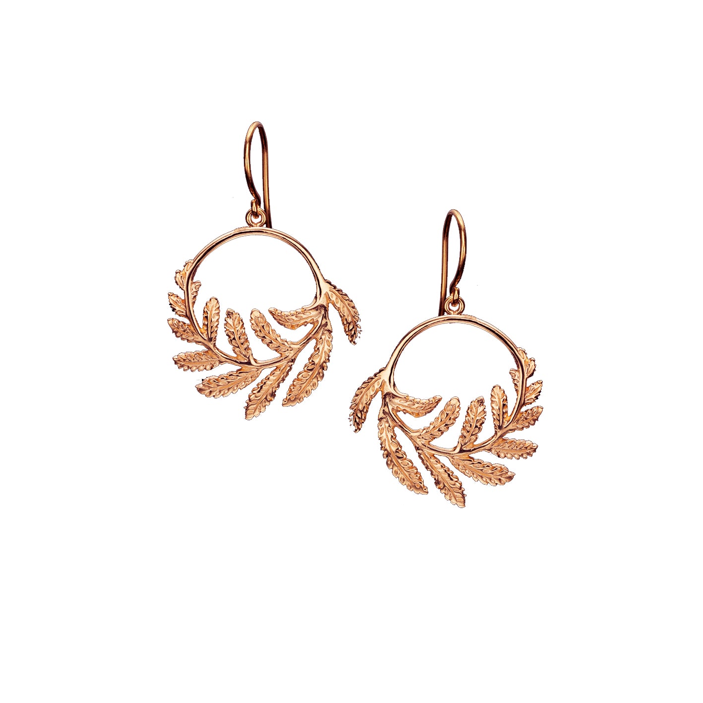 18ct solid rose gold fern hoop charms on earrings 