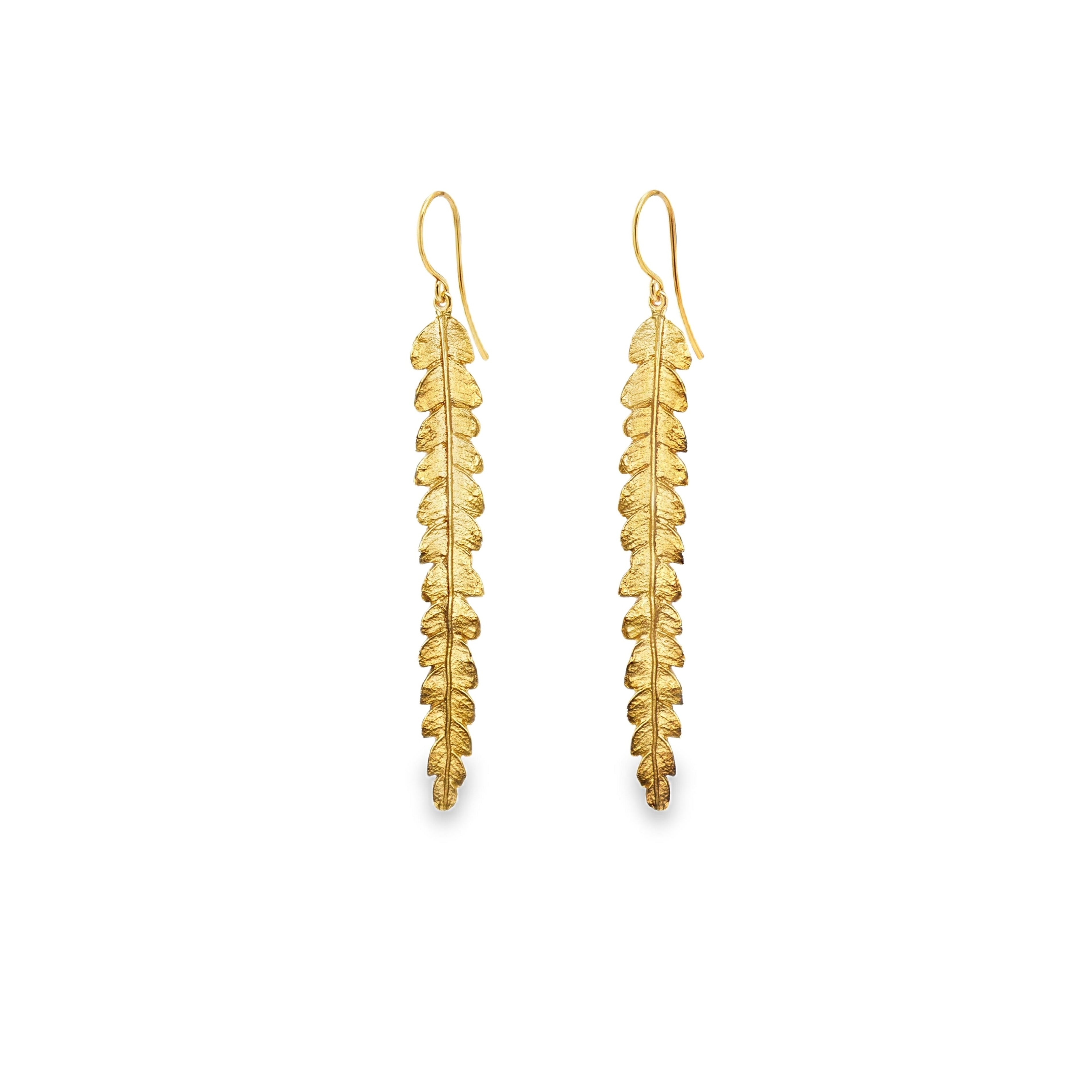 Gold Long Fern Earrings designed with intricate fern leaves in 18ct gold plated sterling silver for a sophisticated look.