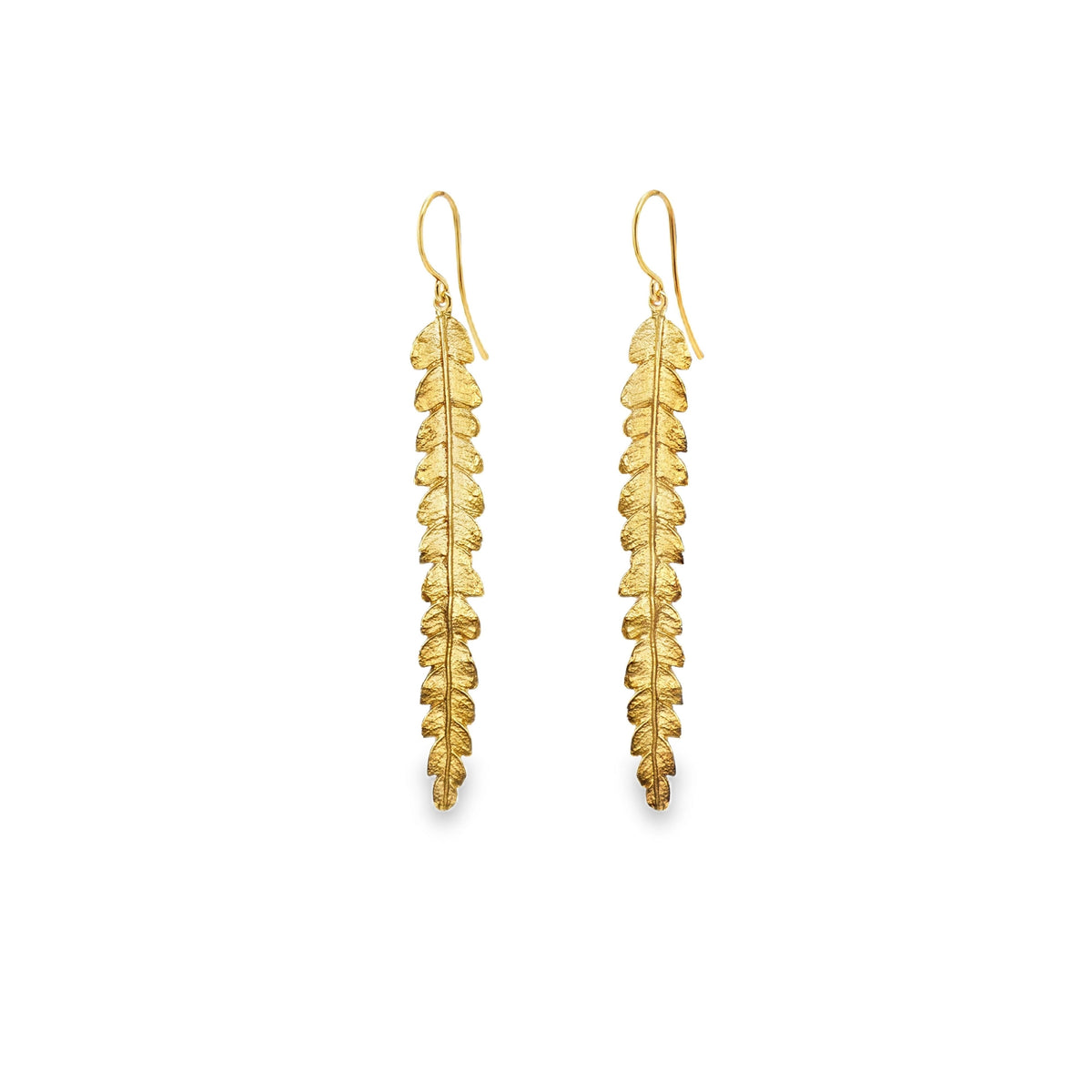 Gold Long Fern Earrings designed with intricate fern leaves in 18ct gold plated sterling silver for a sophisticated look.
