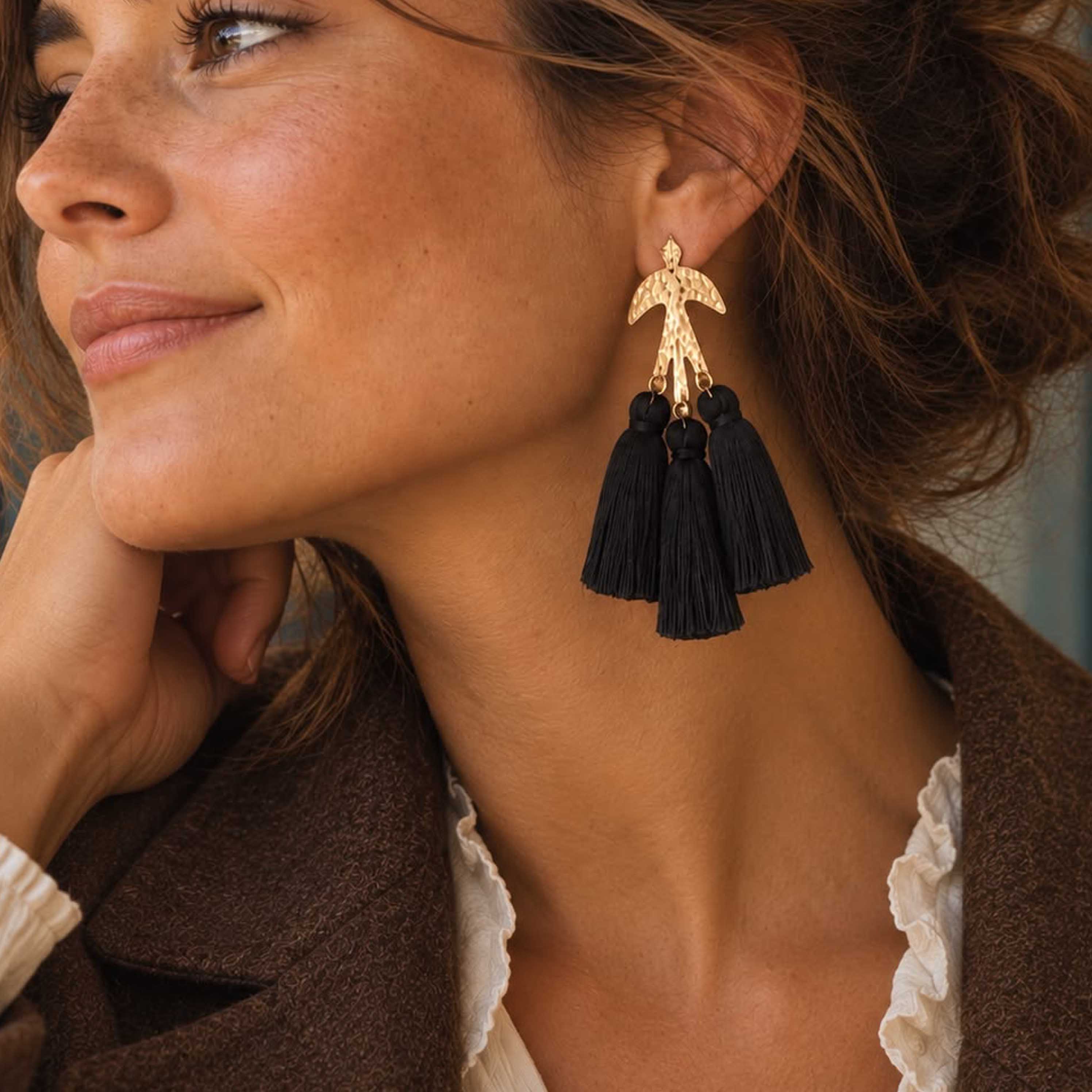 Gold Parakeet Bird Black Tassel Earrings