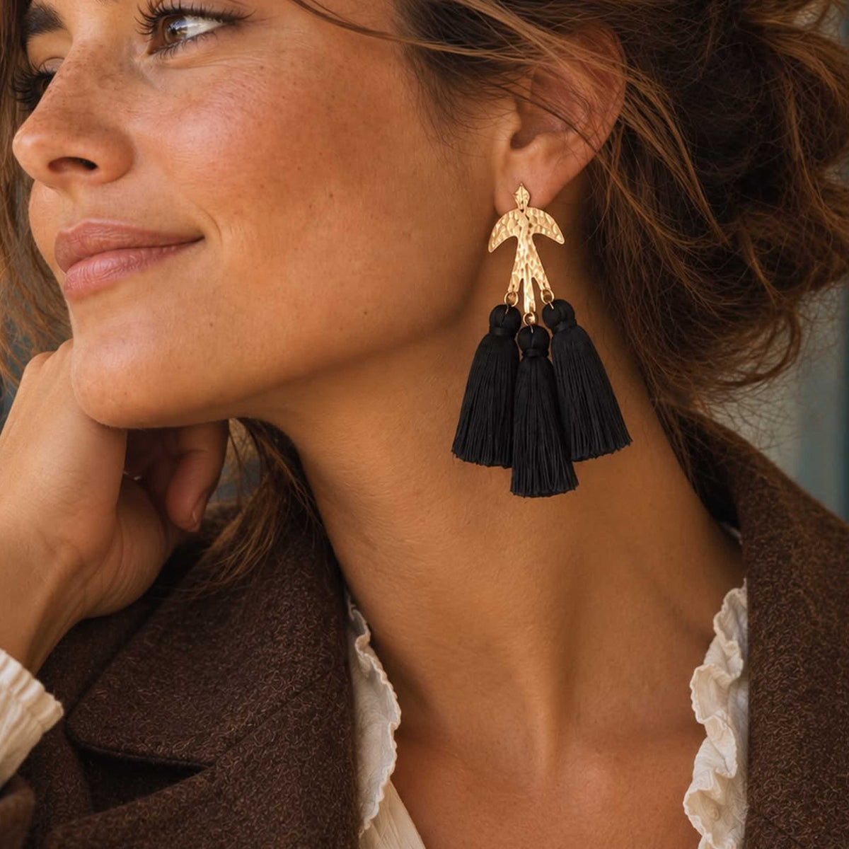 Gold Parakeet Bird Black Tassel Earrings