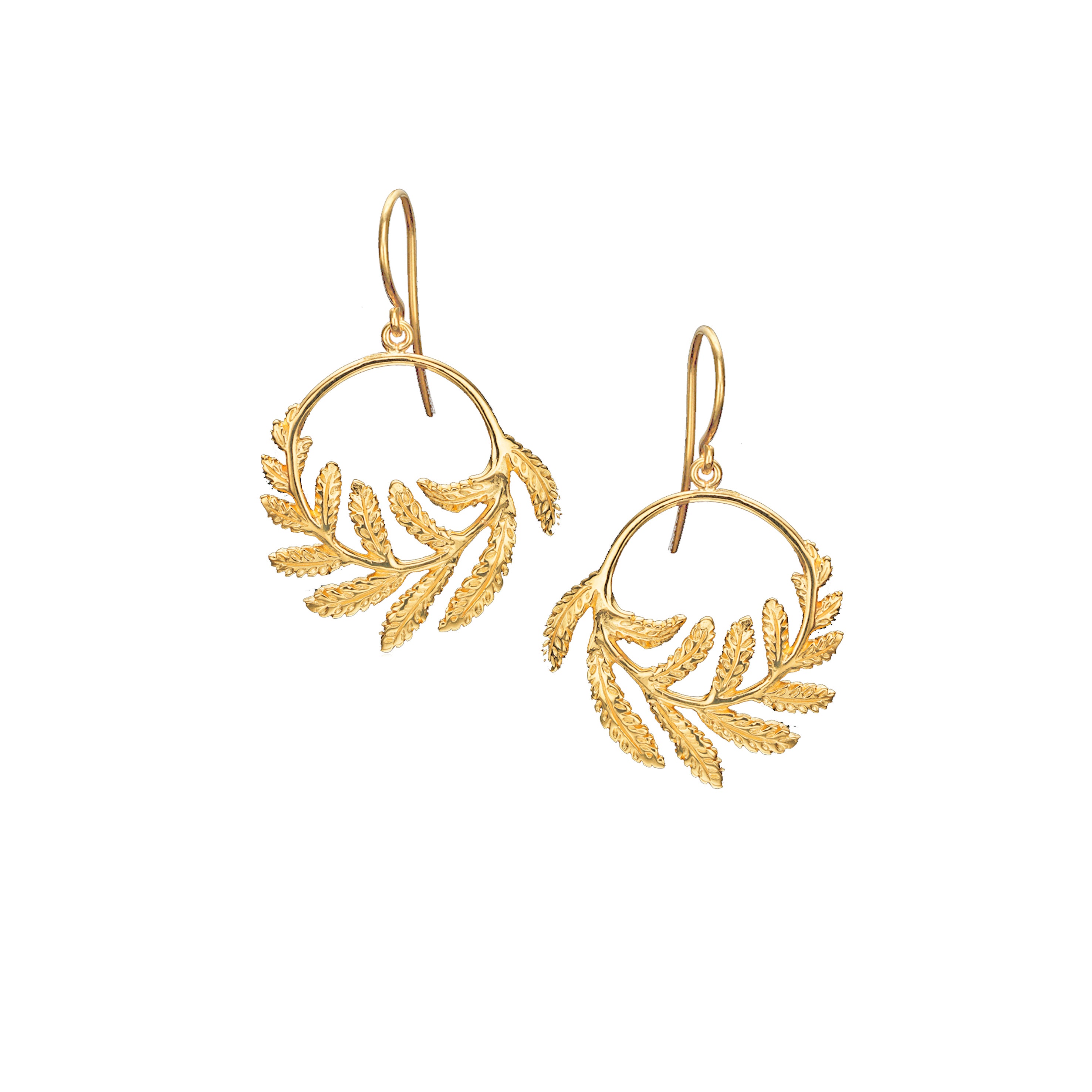 Gold fern hoop earrings featuring delicate leaf detailing for botanical elegance.