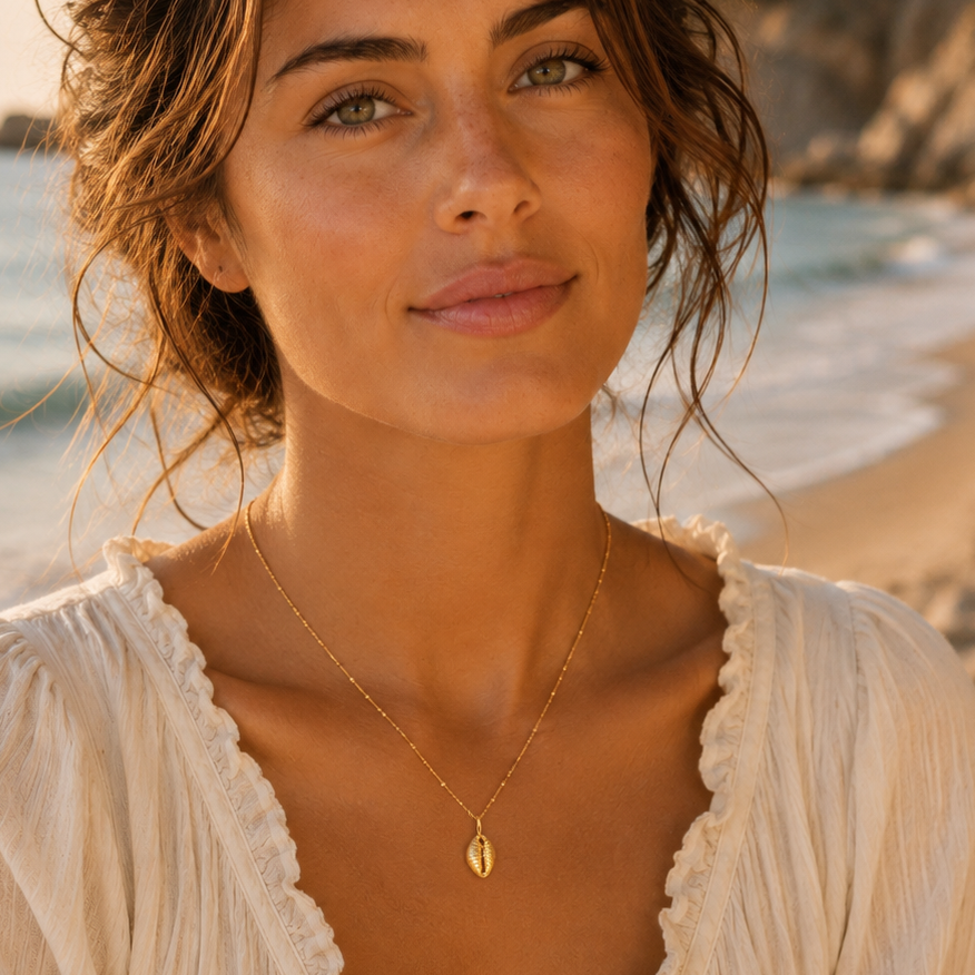 A woman with dark hair stands on a sandy beach wearing a white lace-trimmed blouse and a delicate gold cowrie shell pendant necklace. The background shows the ocean and cliffs under warm golden-hour sunlight.
