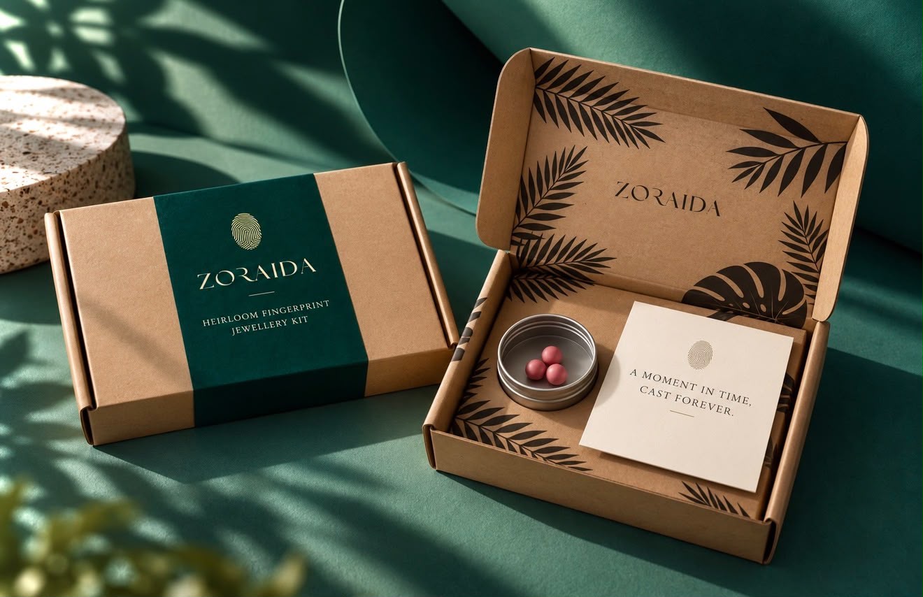 Zoraida Heirloom Fingerprint Pendant Pack shown in its packaging, featuring a closed box with a dark green band and an open box displaying a small tin of pink beads and a card inside a brown kraft box with leaf patterns.