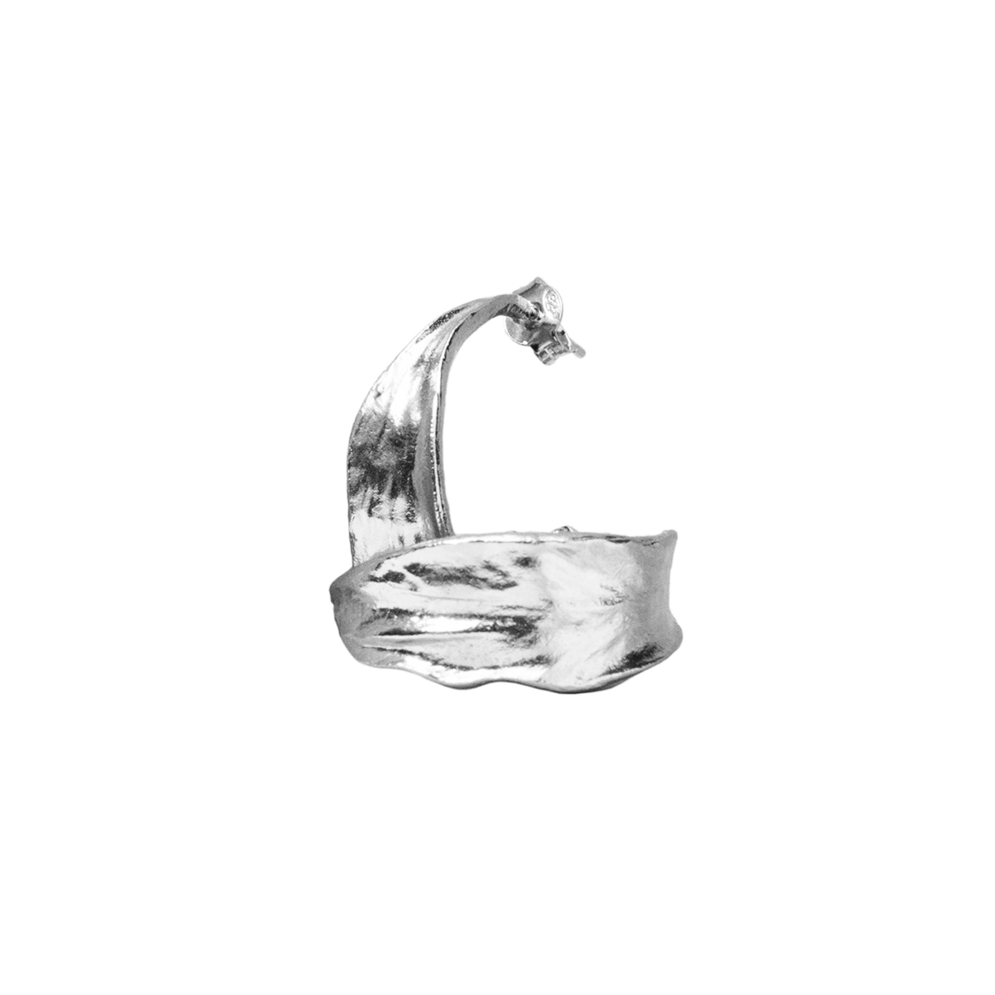 Silver iris petal hoop earrings in sterling silver with intricate petal design and 25mm height.