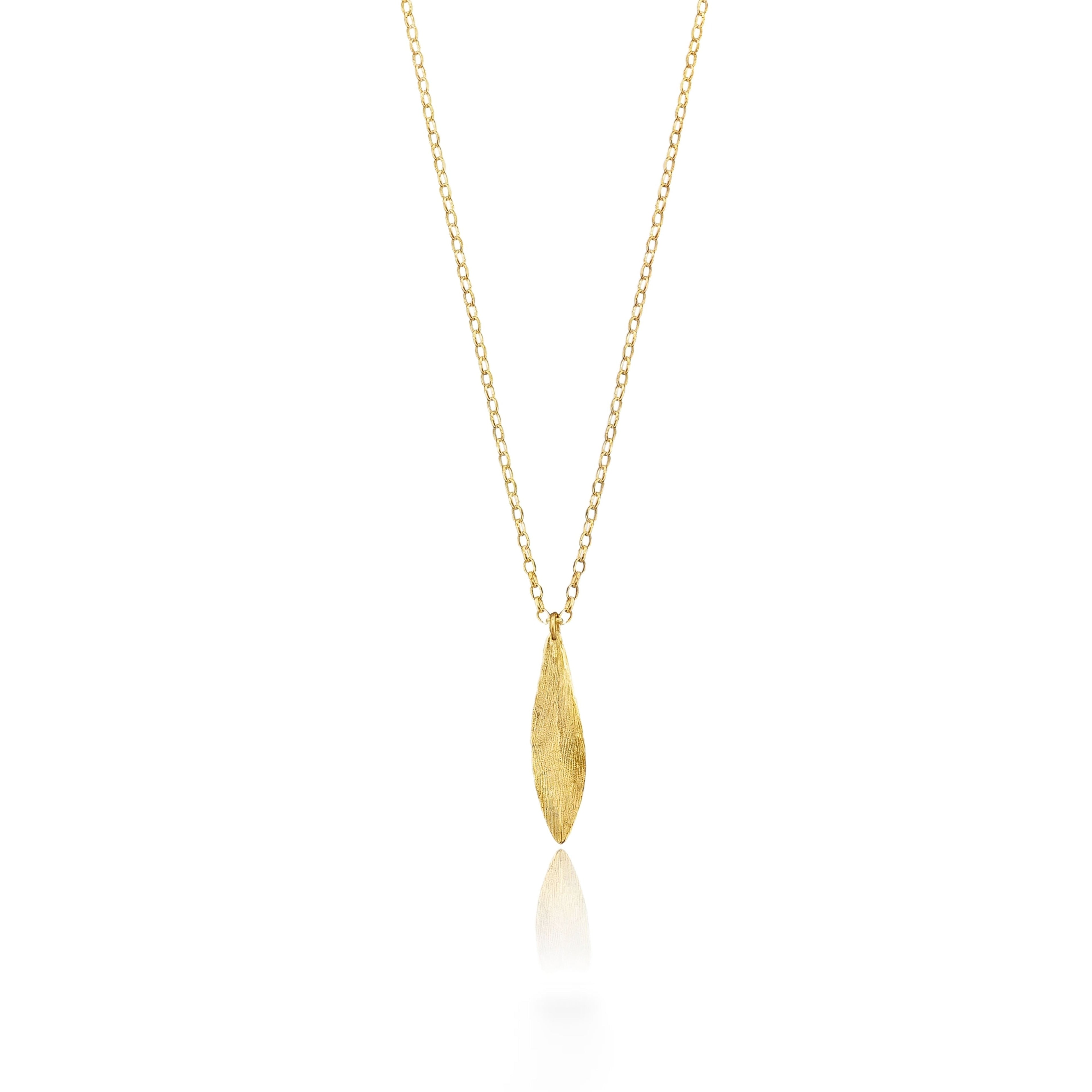 Gold Keep Me Pendant featuring intricate feathered engraving on a delicate leaf design in premium 18ct gold plated silver.
