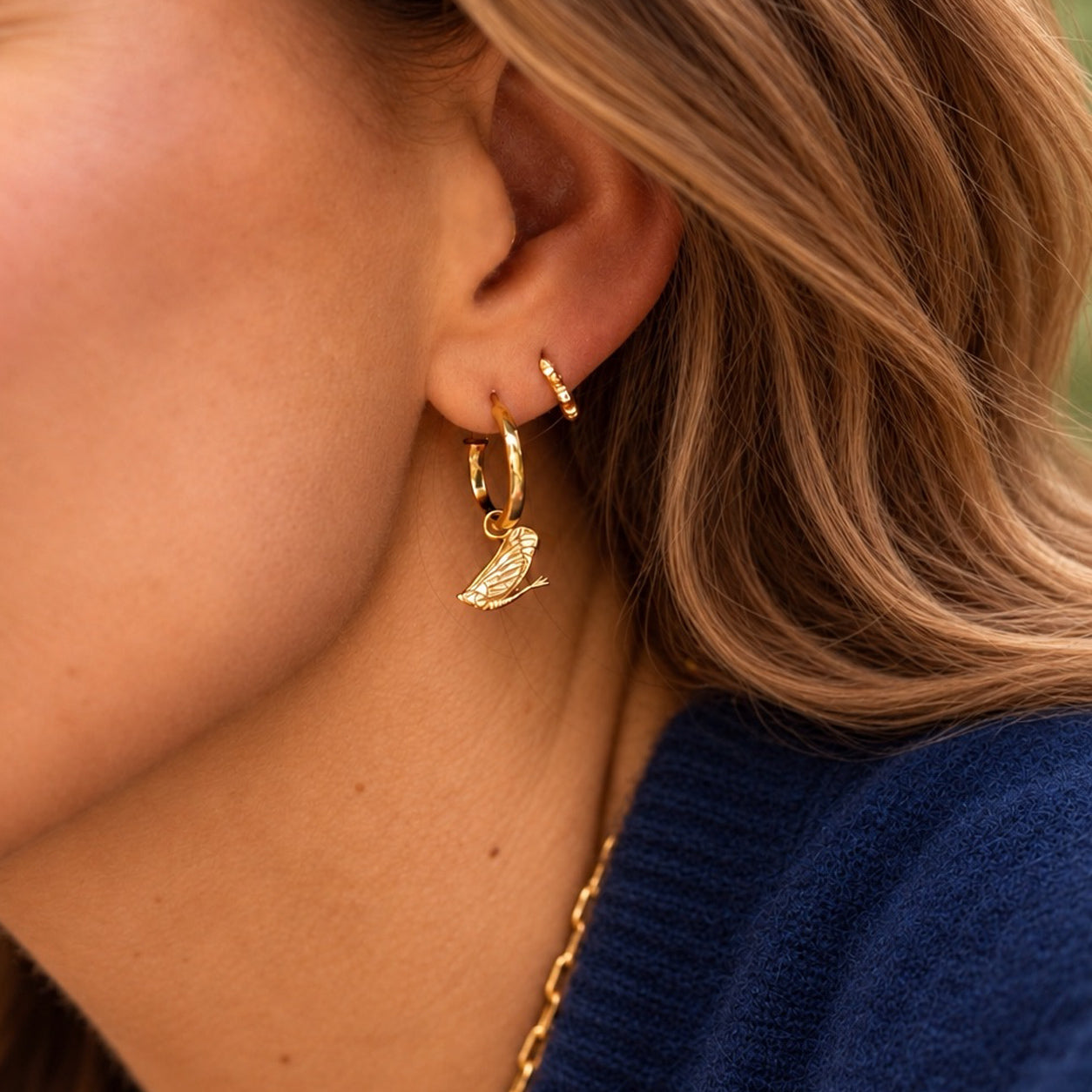 Gold Mini Hammered Hoop Earrings with Mayfly Charm