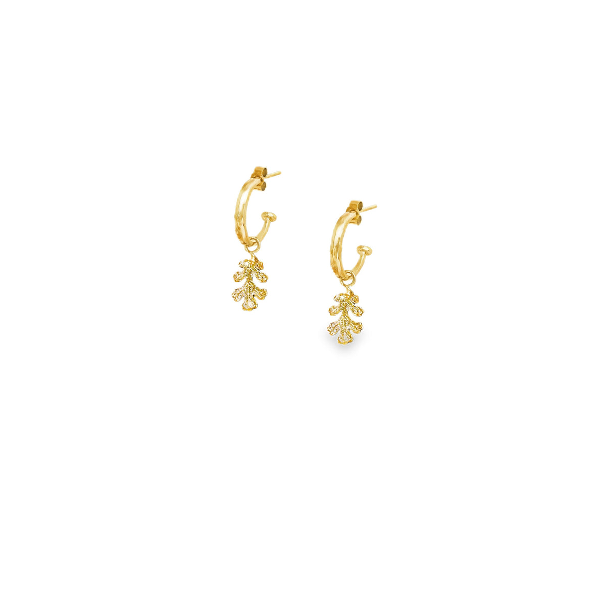 Gold mini hammered hoop earrings with oak leaf charm, featuring elegant oak leaf detail for a nature-inspired look.