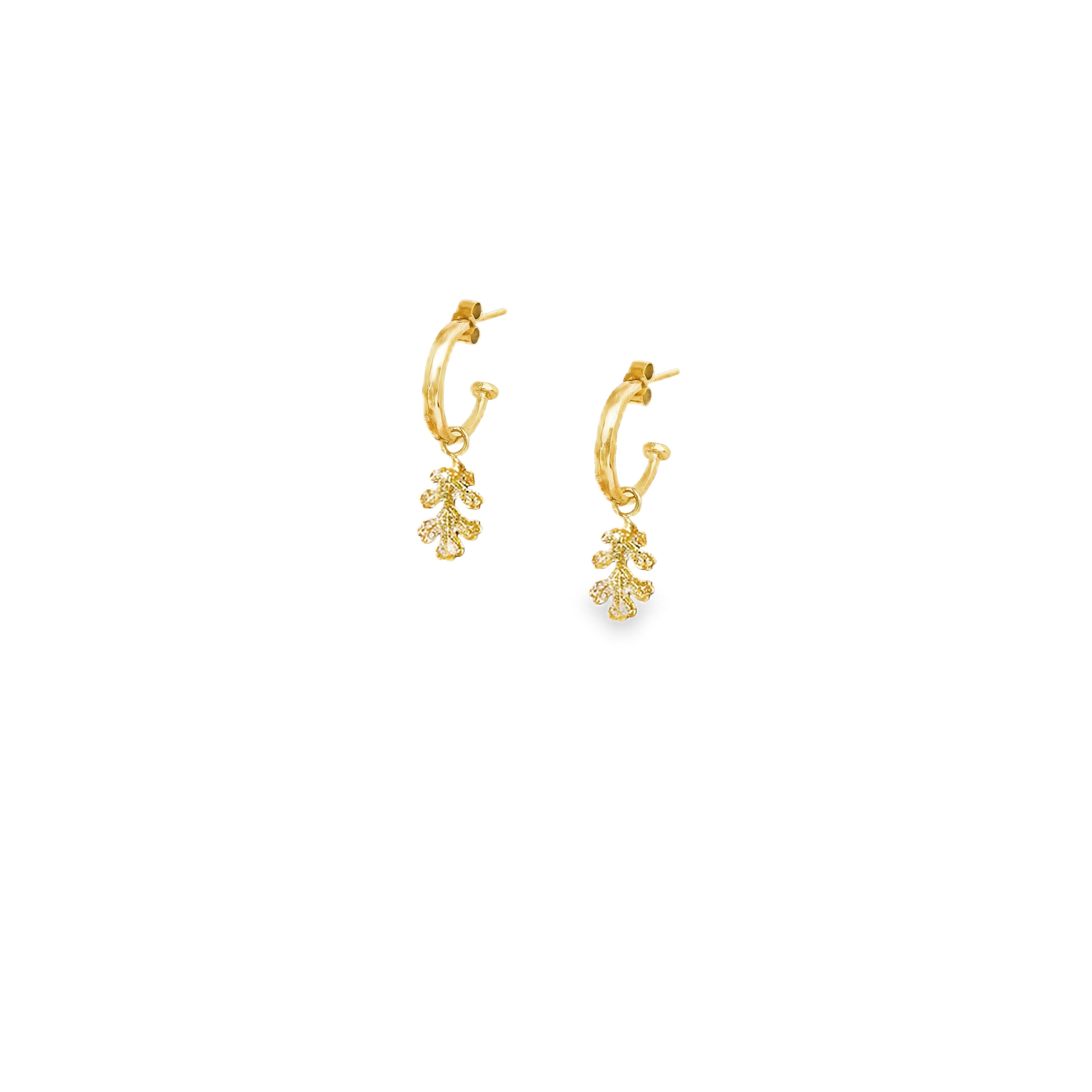 Mini Hammered Hoop Earrings Oak Leaf Charm