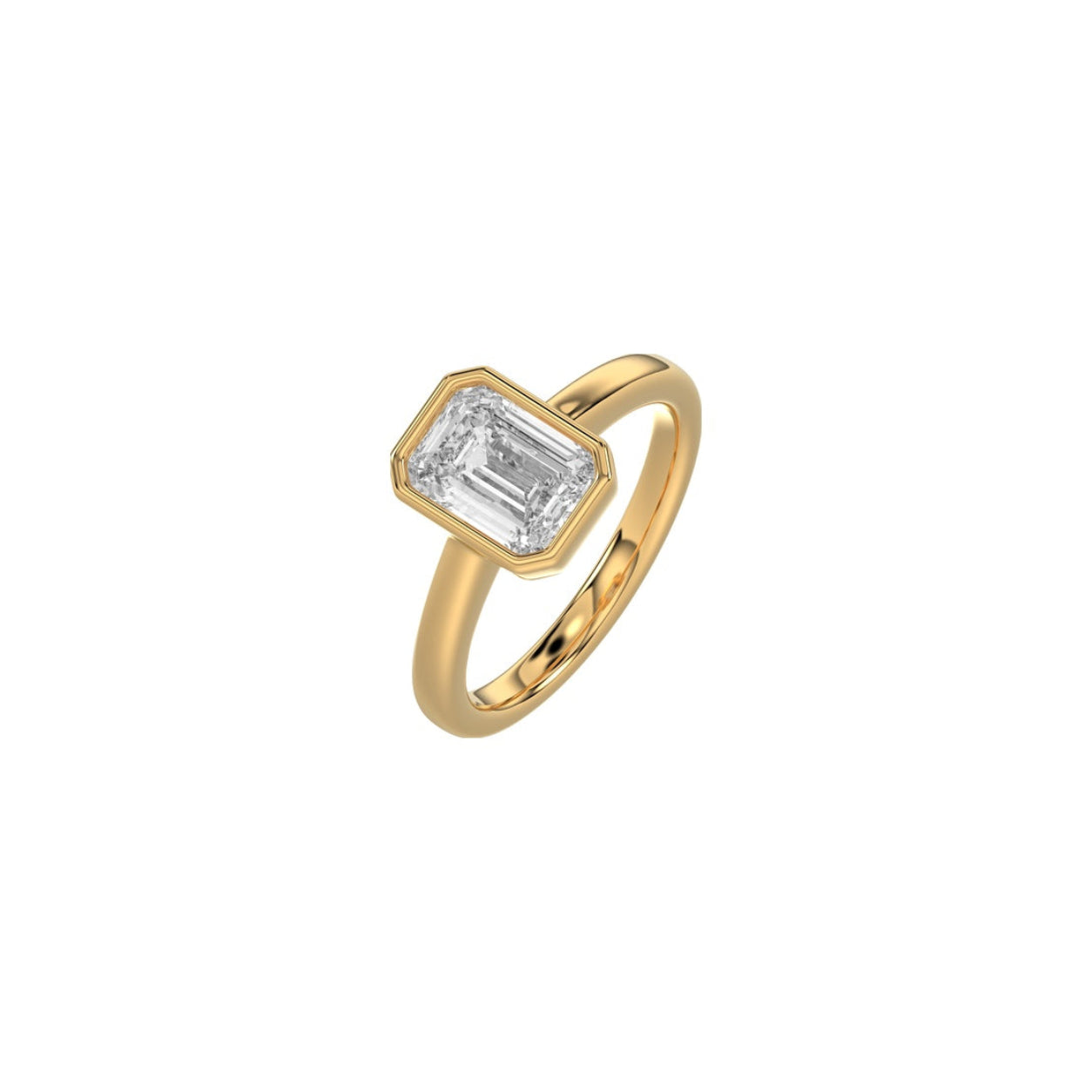A yellow gold ring featuring a rectangular baguette-cut clear gemstone in a bezel setting, shown on a plain white background.