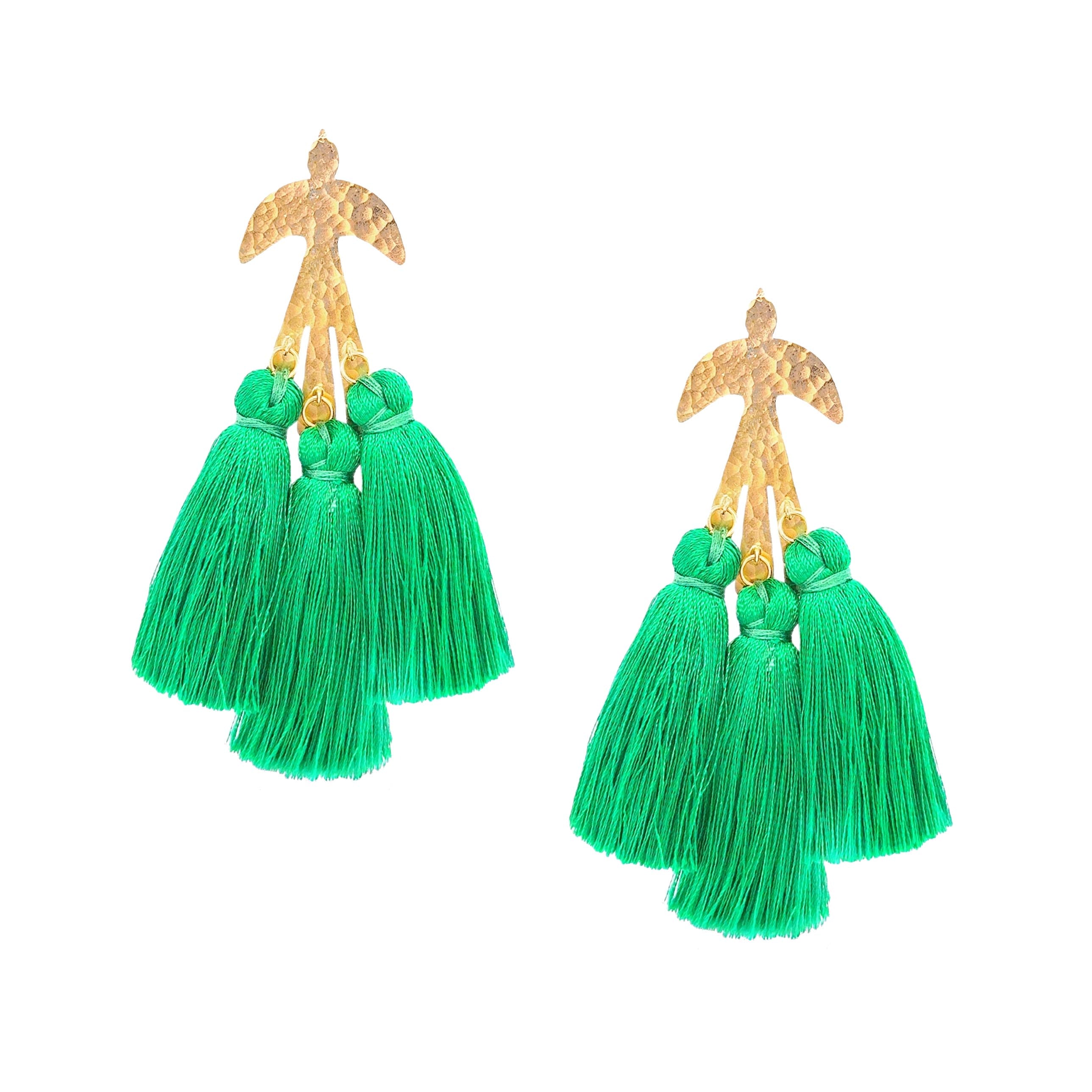 Gold Parakeet Tassel Earrings featuring vibrant green tassels and a bold parakeet design for a tropical look.