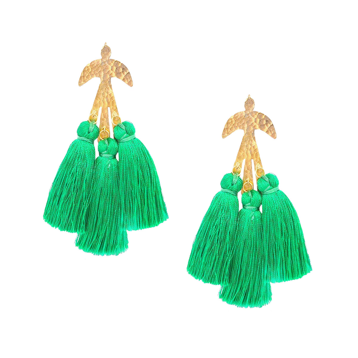 Gold Parakeet Tassel Earrings featuring vibrant green tassels and a bold parakeet design for a tropical look.