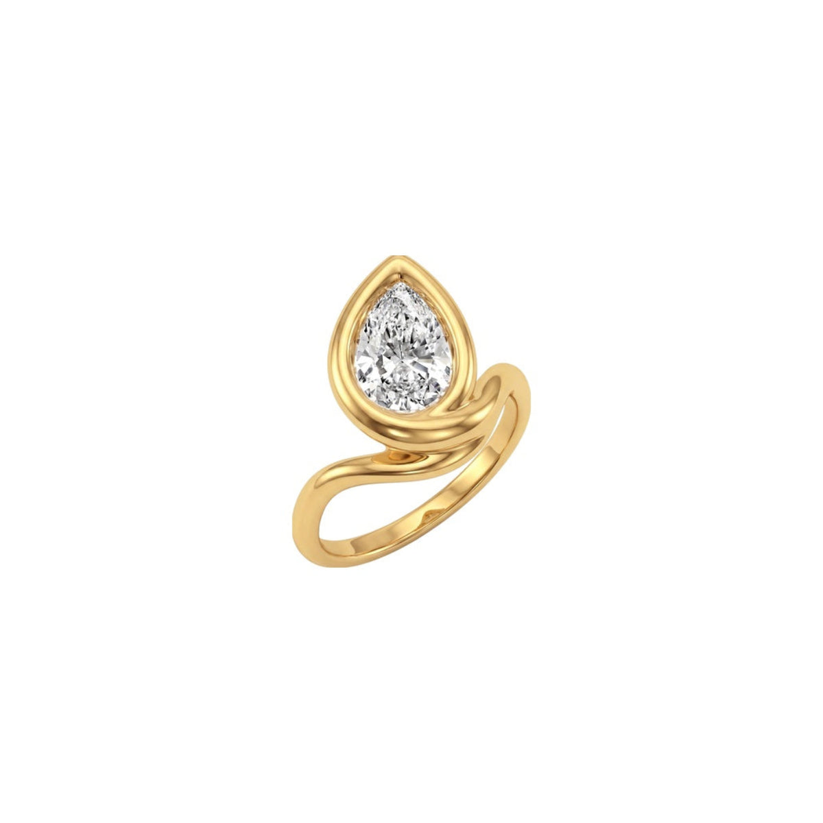 A gold ring featuring a pear-cut clear gemstone in a bezel setting, mounted on a sculpted, flowing gold band, shown against a plain white background.