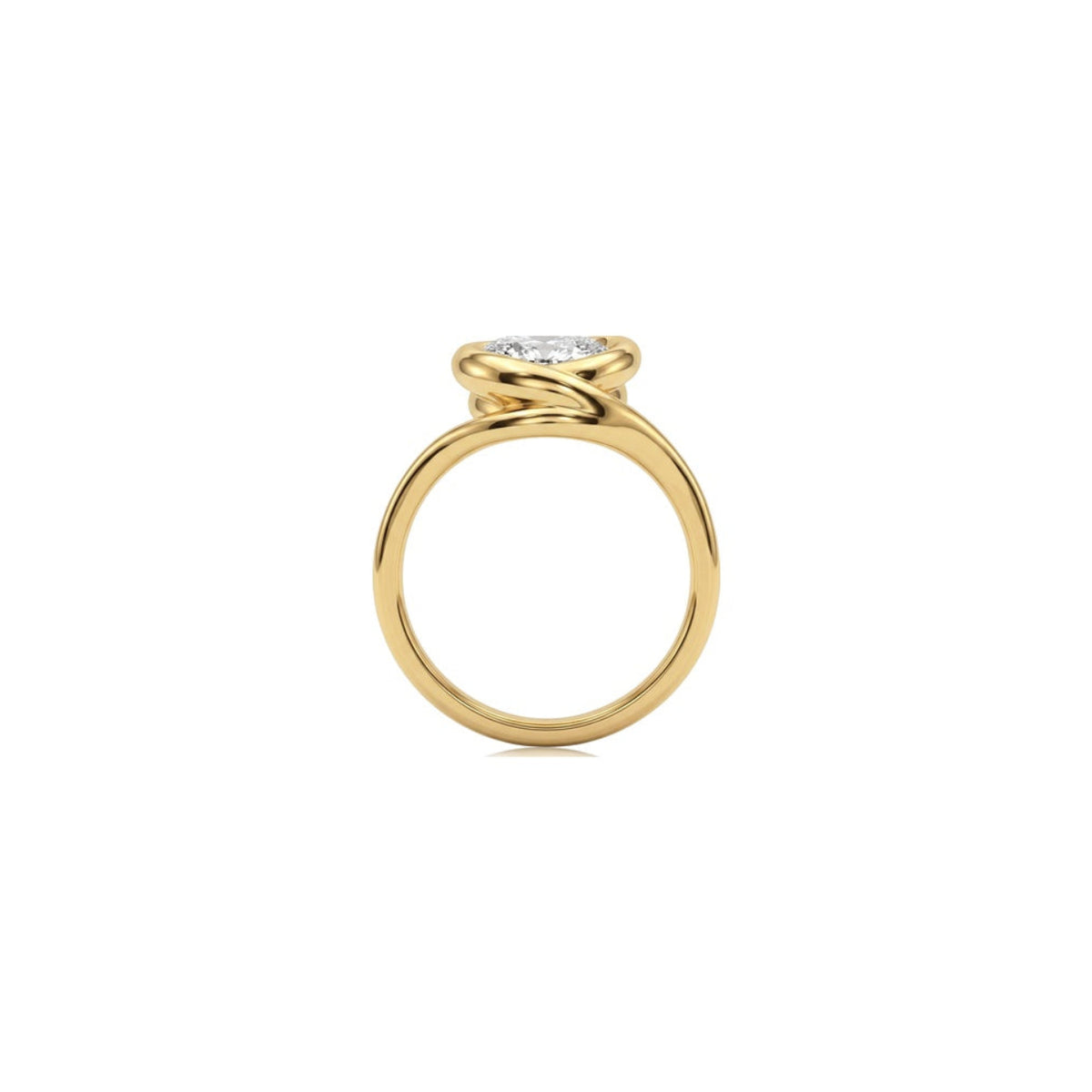 A yellow gold ring with a pear diamond gemstone in a bezel setting, shown against a plain white background.