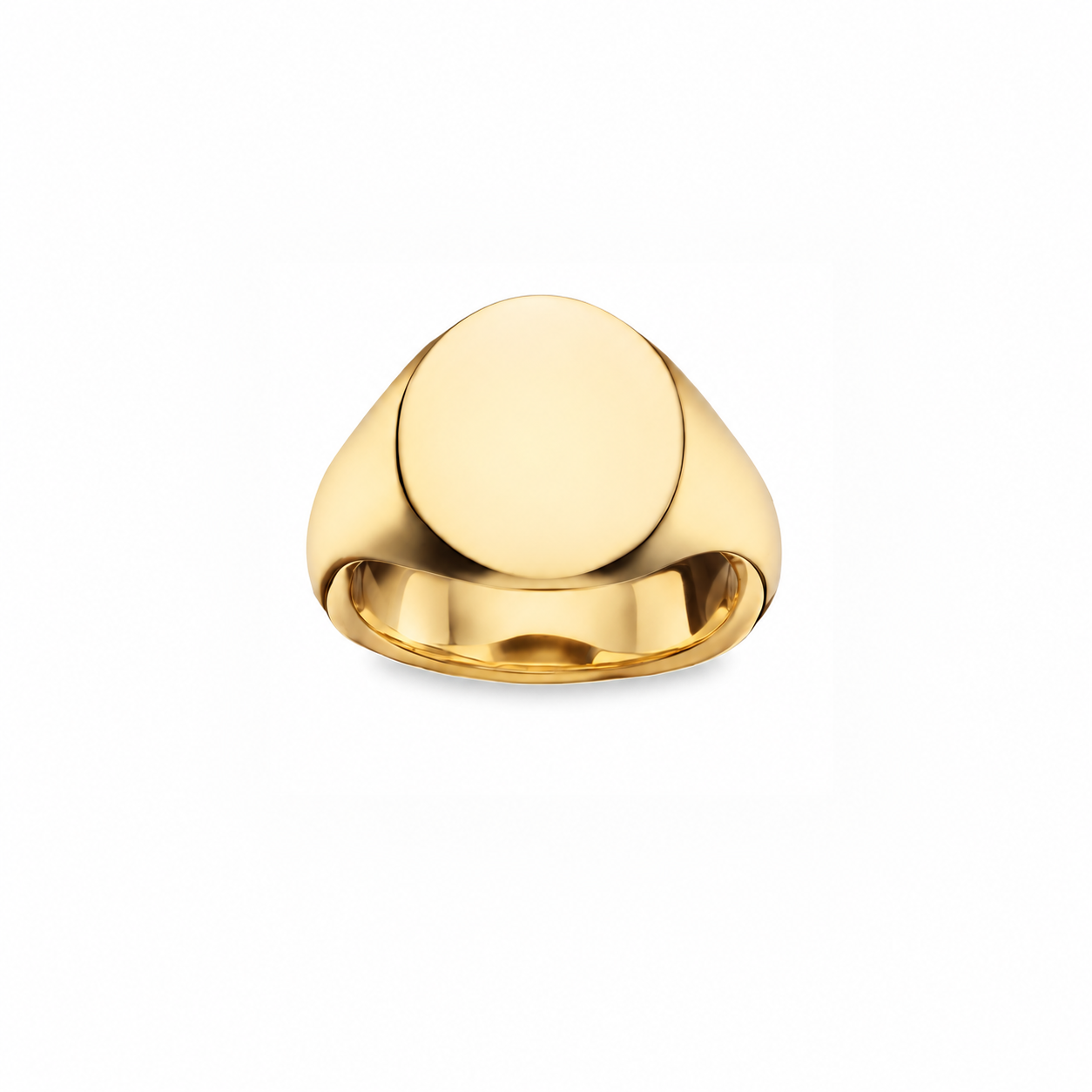 A polished yellow gold signet ring with a smooth, flat oval face, shown on a clean white background.