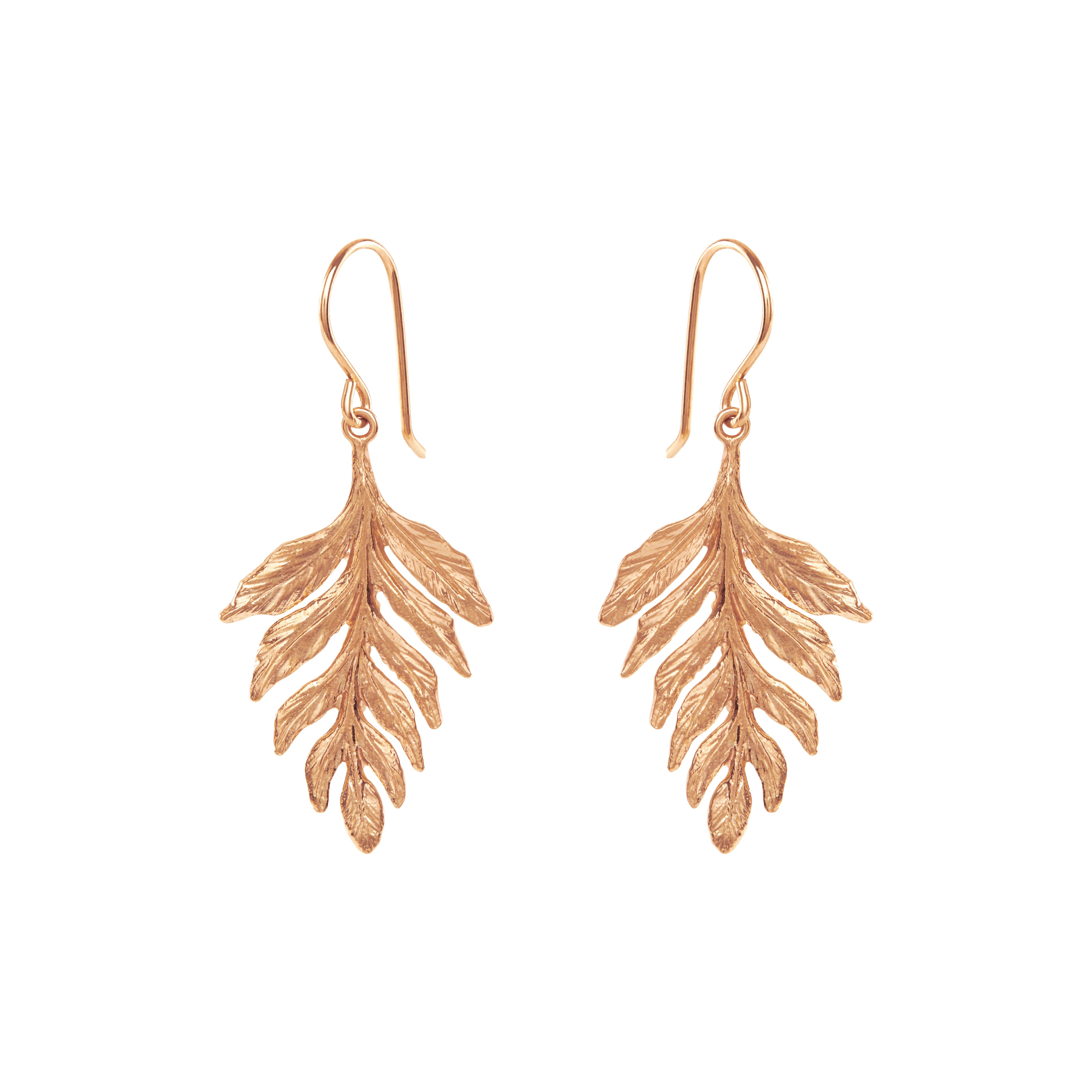 Stunning rose gold fern drop earrings showcasing delicate leaf designs, perfect for elegant occasions.