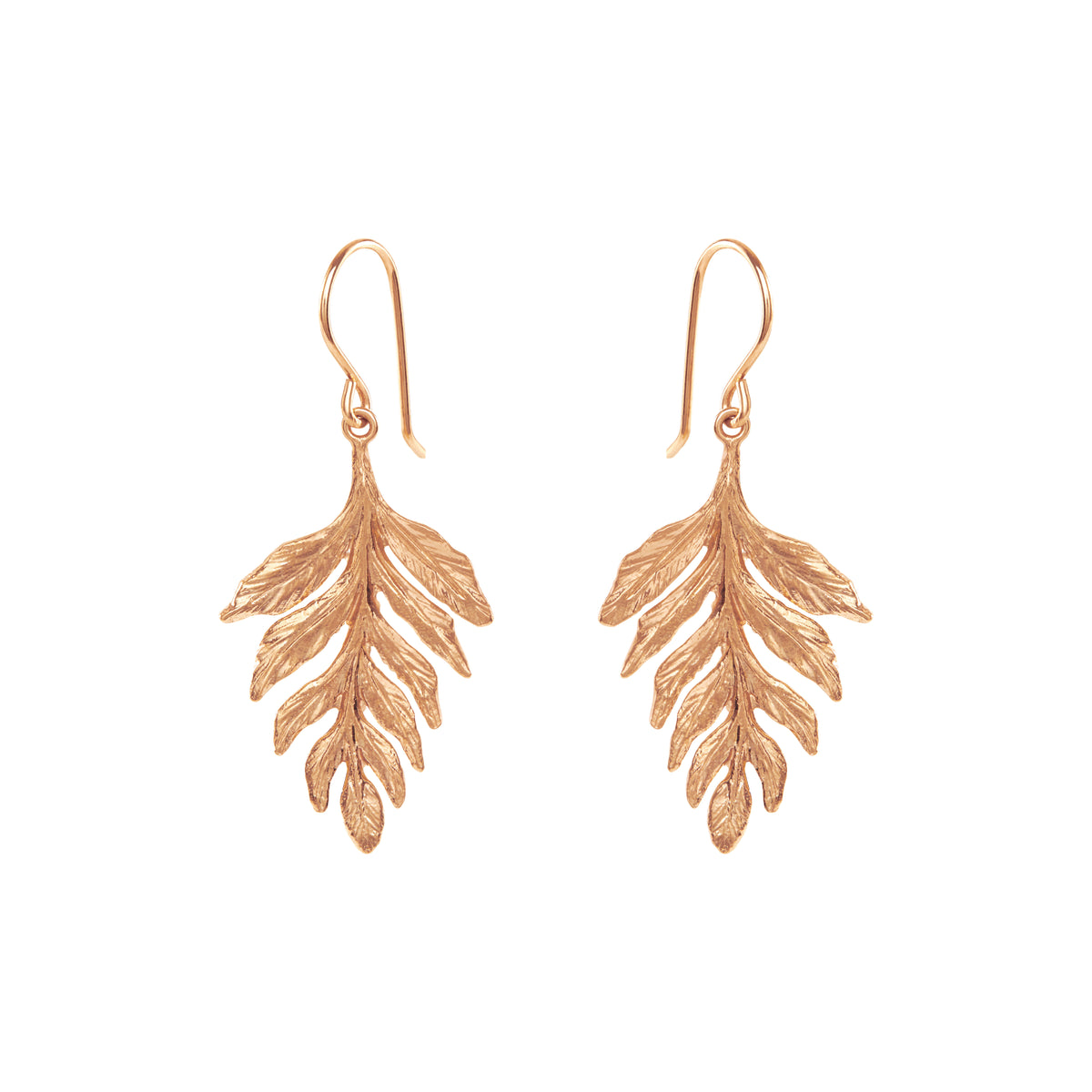 Stunning rose gold fern drop earrings showcasing delicate leaf designs, perfect for elegant occasions.