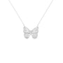 A silver butterfly pendant necklace with a textured wing finish, suspended from a delicate silver chain against a solid white background.