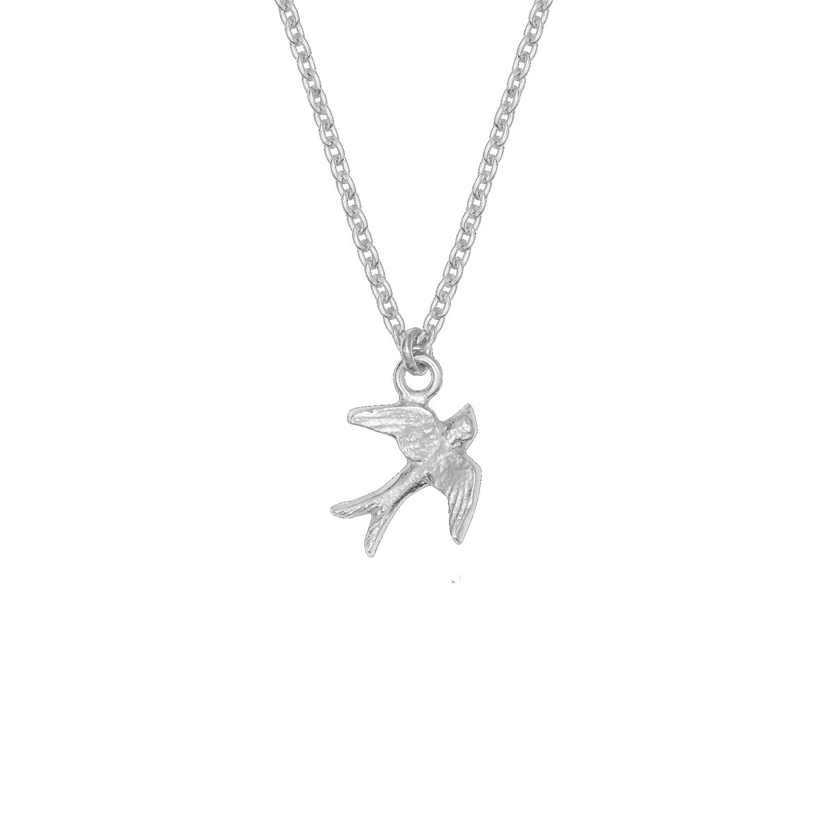 A silver chain necklace featuring a small bird pendant, shown against a plain white background.