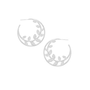 A pair of silver-tone hoop earrings with a delicate rose leaf pattern, shown on a plain white background.