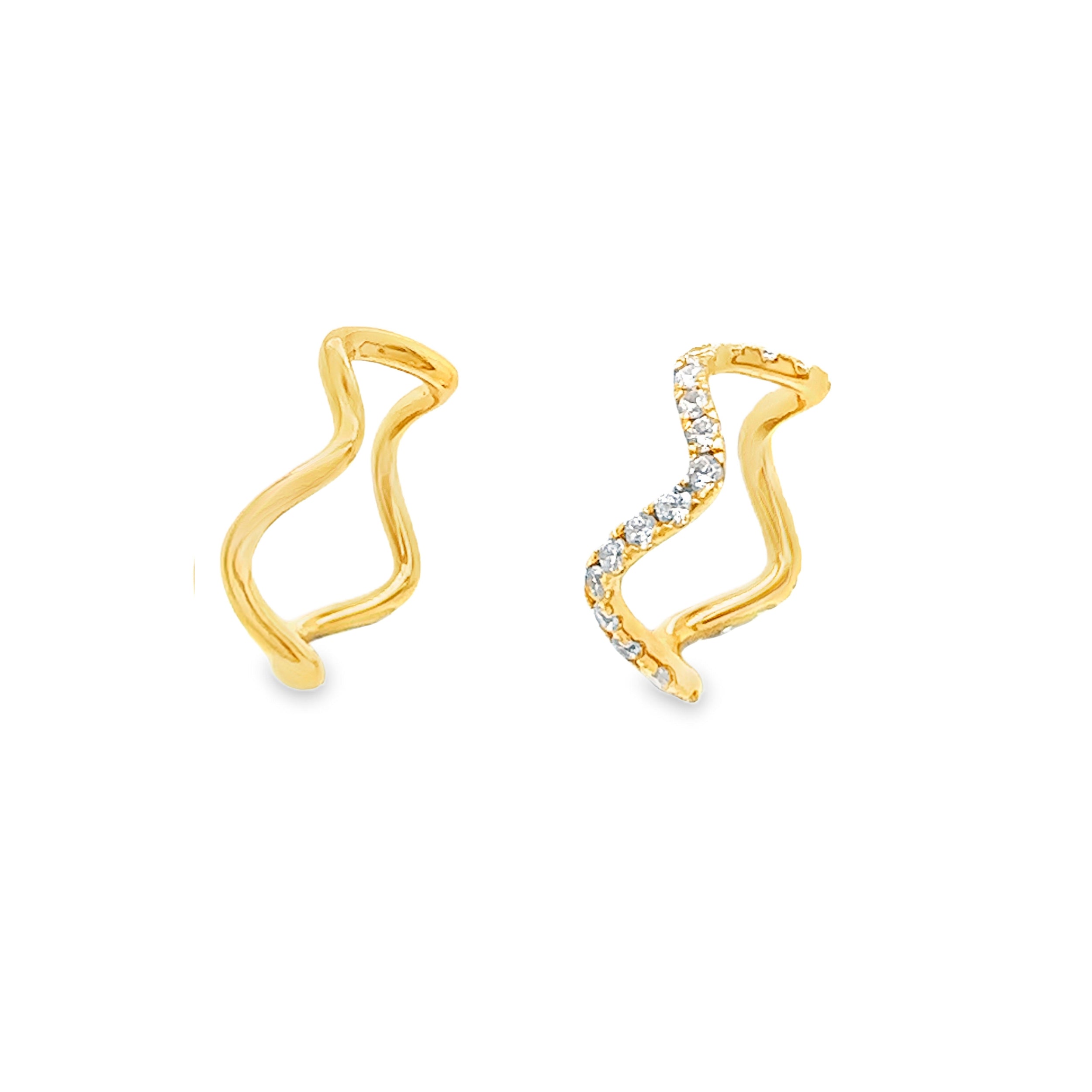 Gold wave ring featuring a wavy design, one embellished with sparkling stones, perfect for stacking or solo wear.