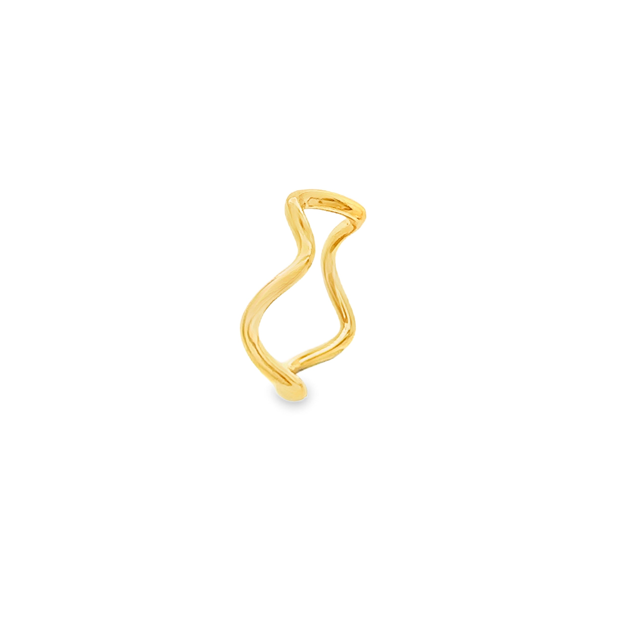 Gold wave ring showcasing a wavy design, perfect for everyday wear and stacking with other styles.