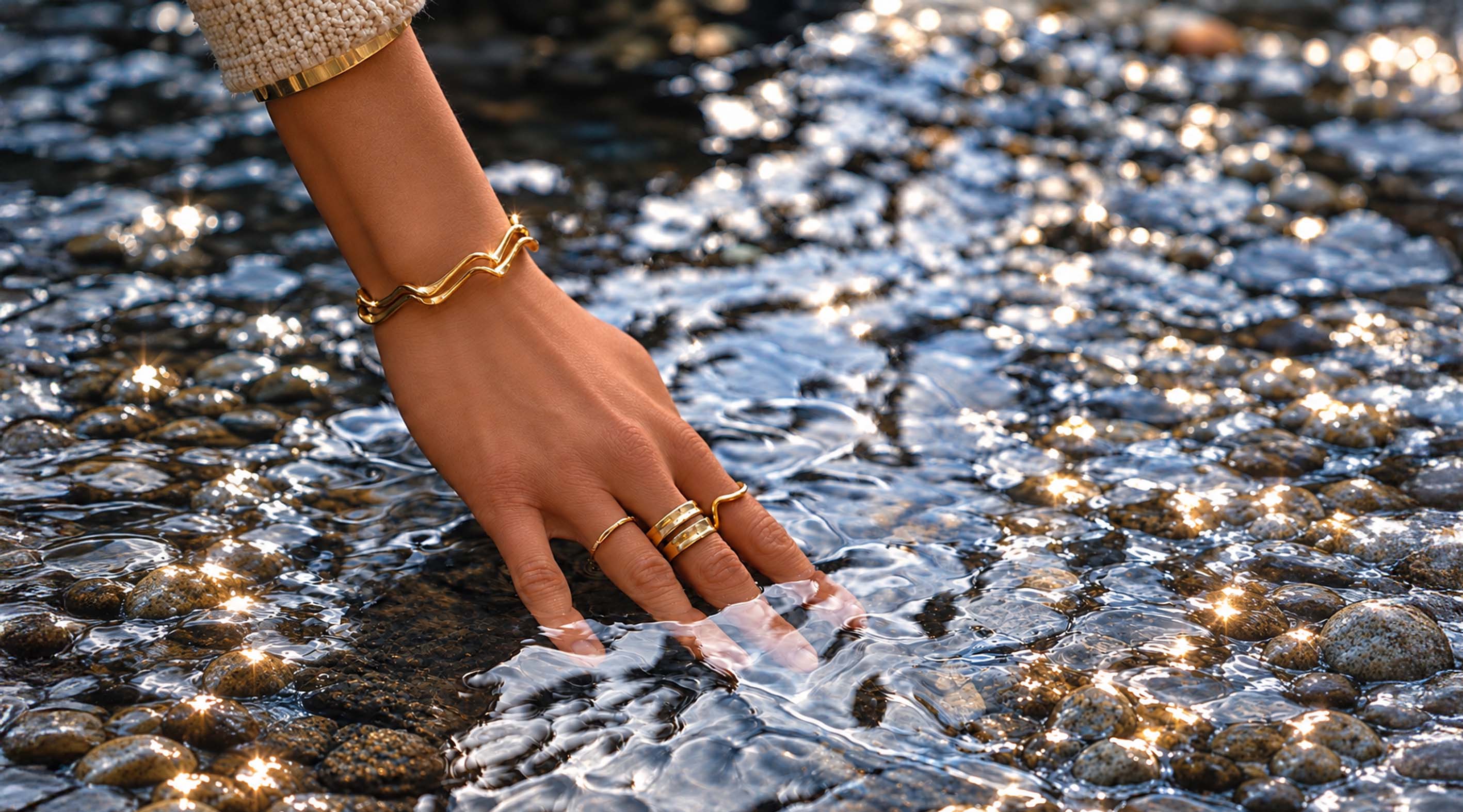 A close-up of a person's hand and wrist wearing gold jewelry, including a wavy gold bracelet and gold rings, touching the sparkling water of a shallow river stream.