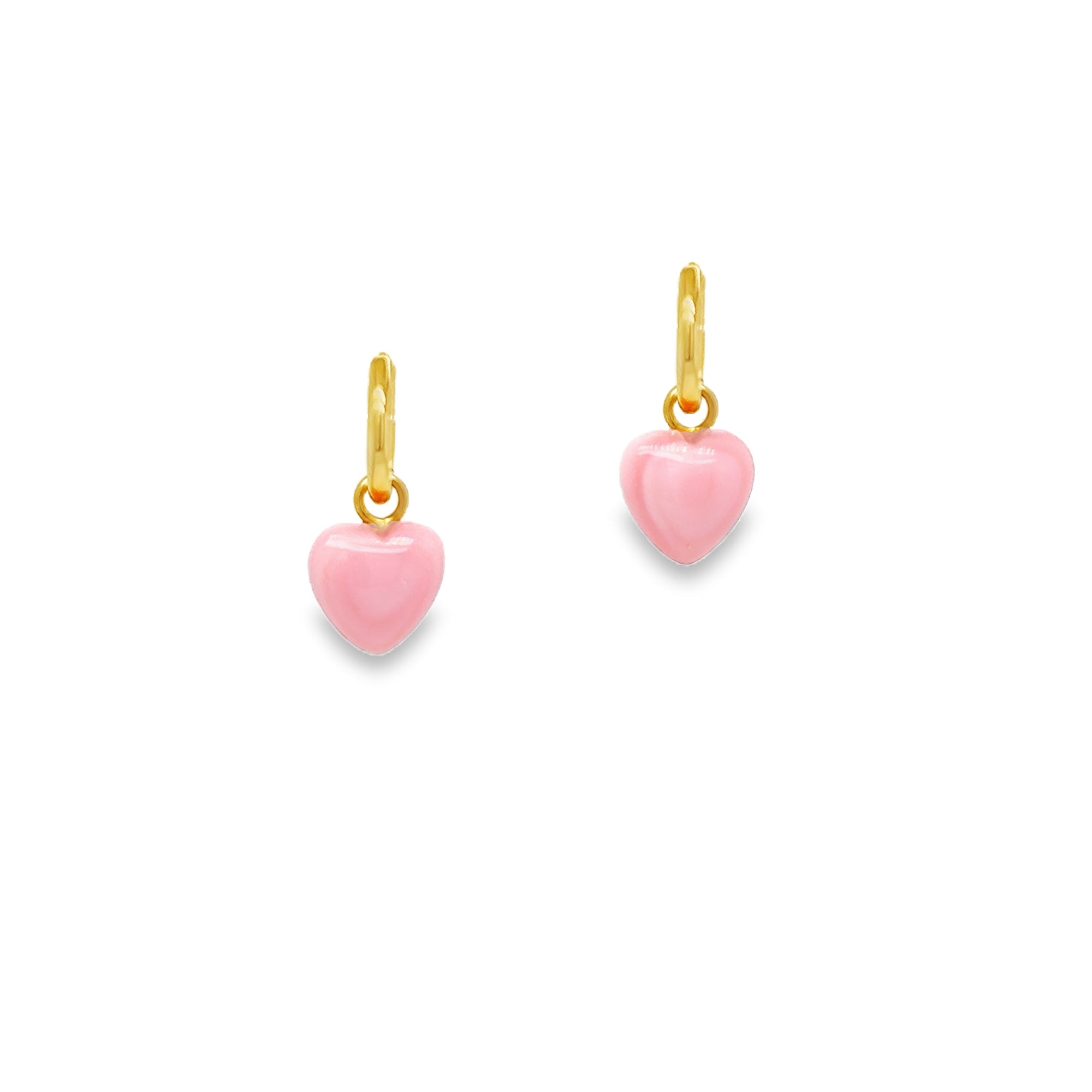 Pink Shell Love Heart Hoop Earrings featuring pink heart charms on gold hoops.